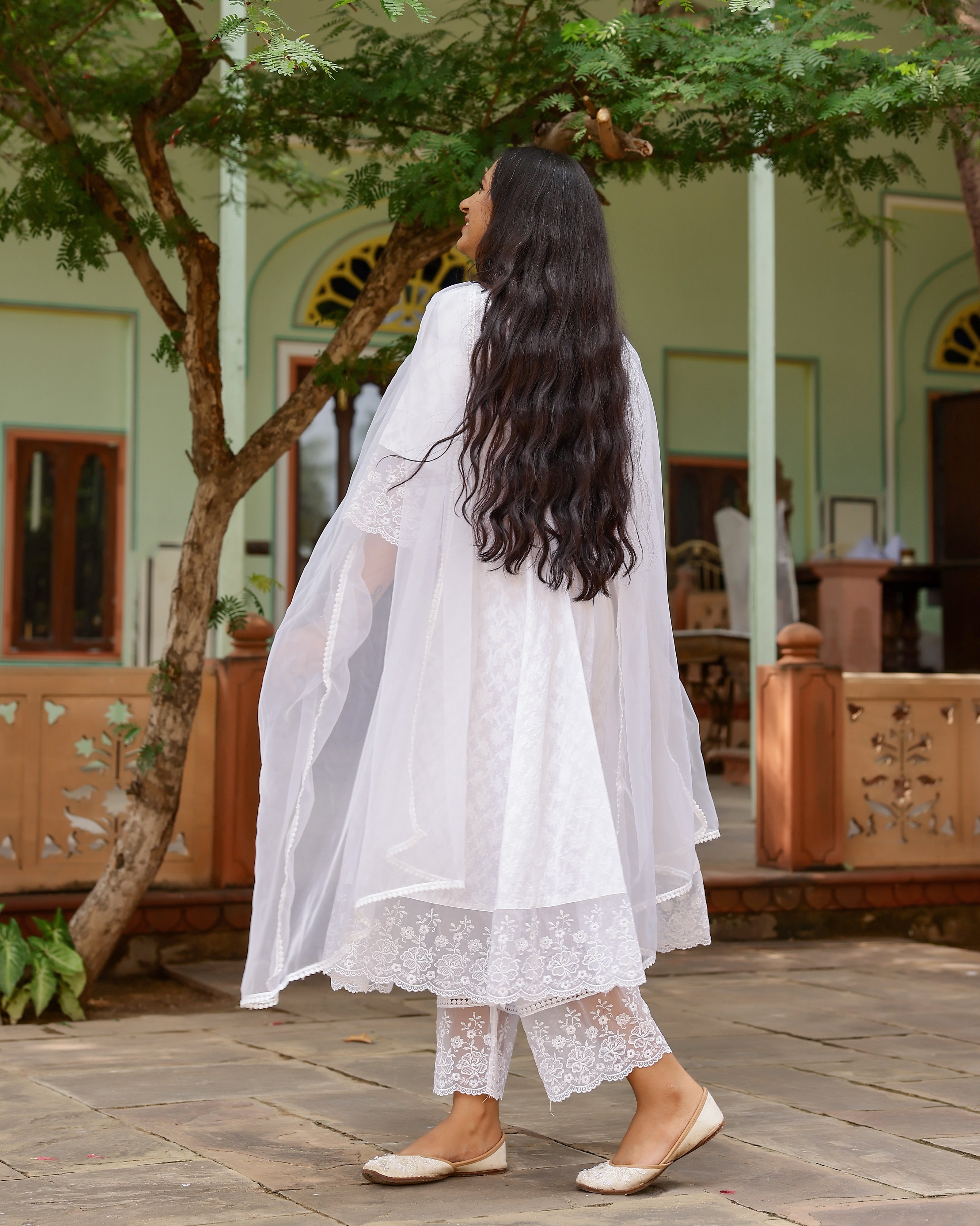 White Lace Dobby Cotton Anarkali Suit