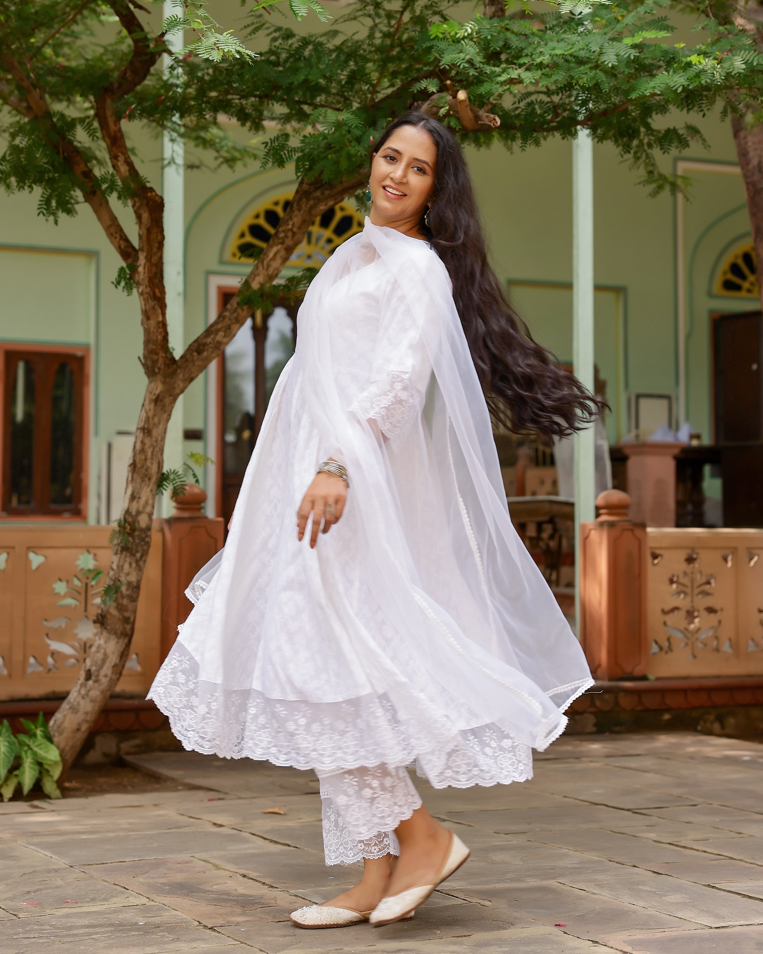 White Lace Dobby Cotton Anarkali Suit