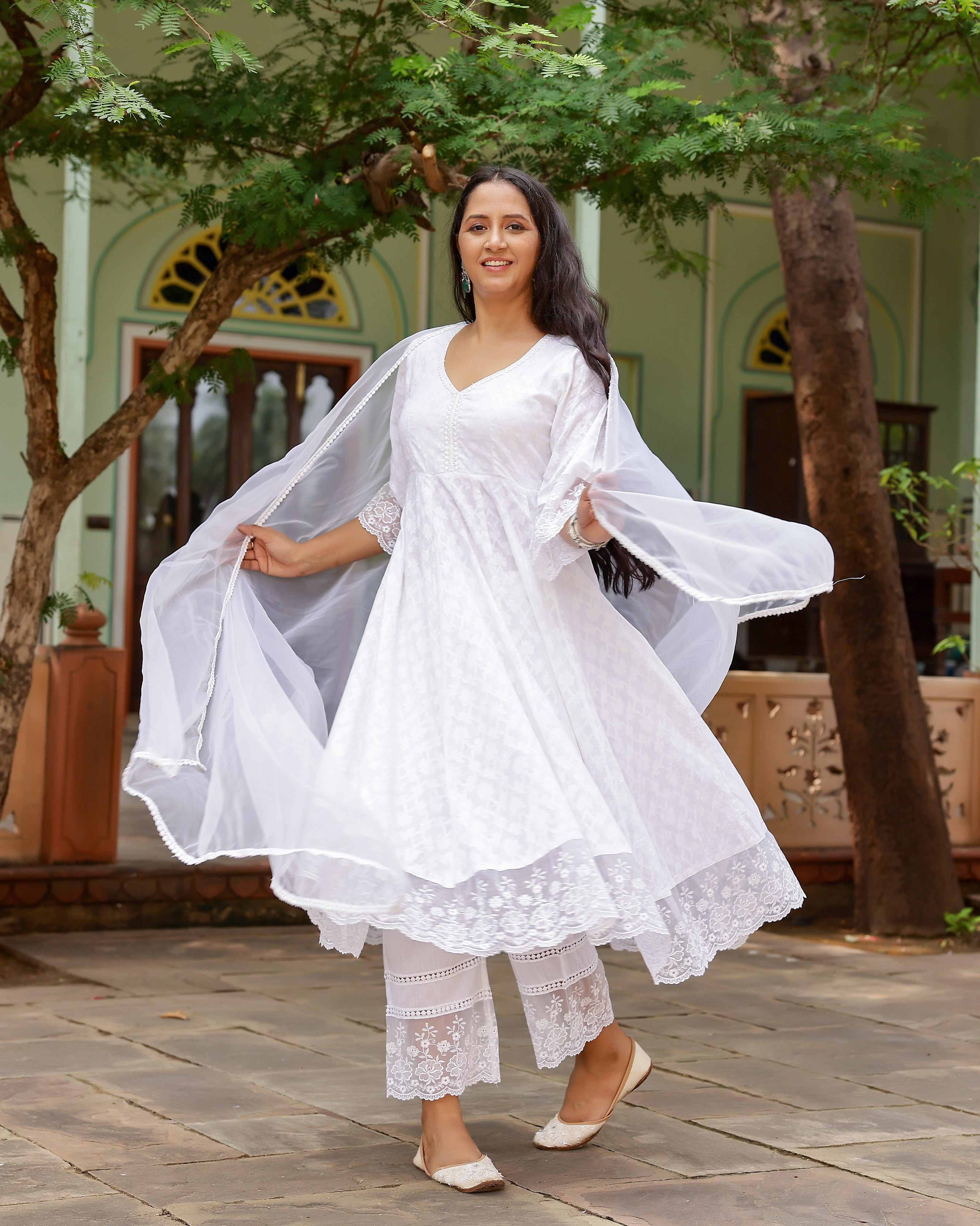 White Lace Dobby Cotton Anarkali Suit