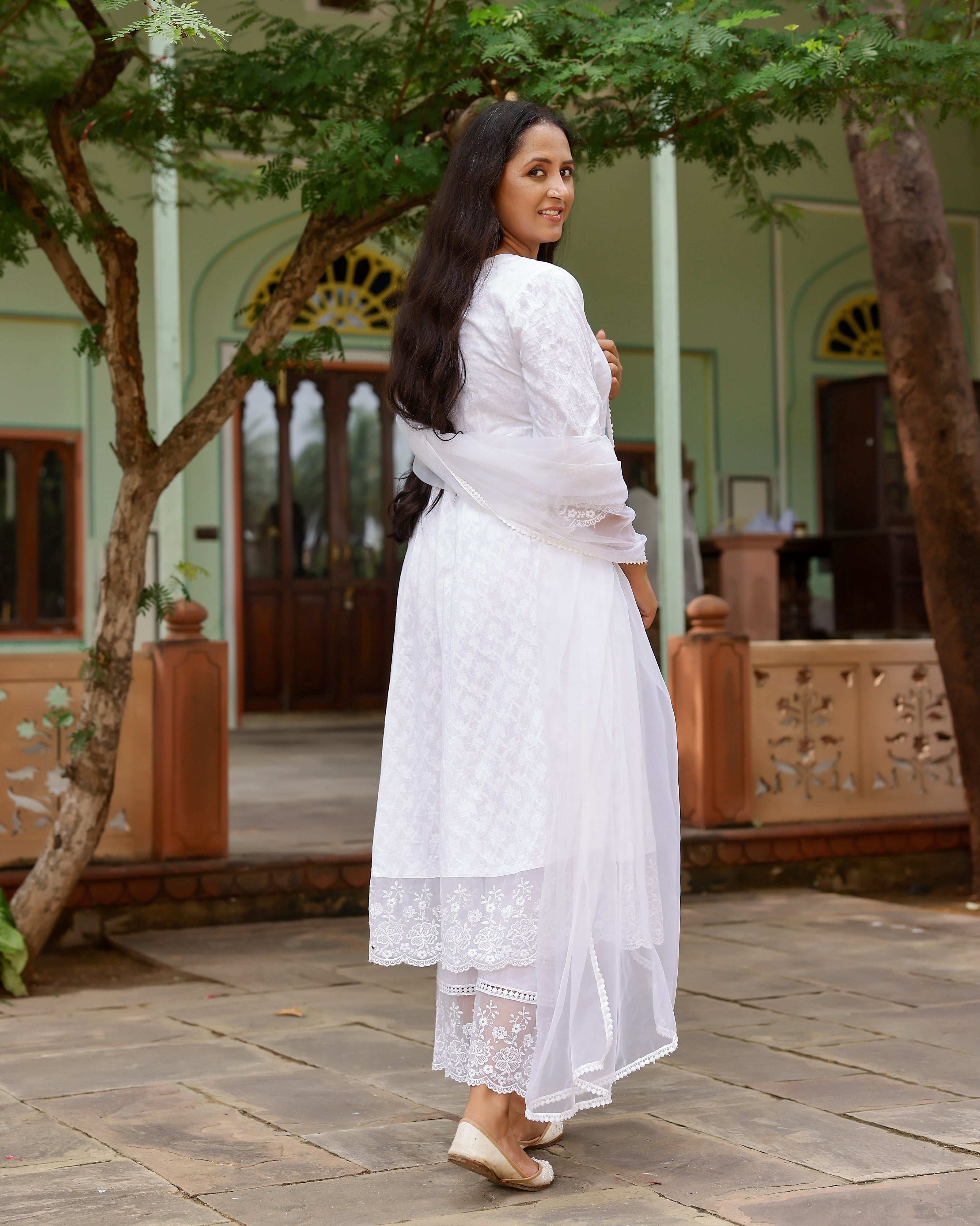 White Lace Dobby Cotton Anarkali Suit