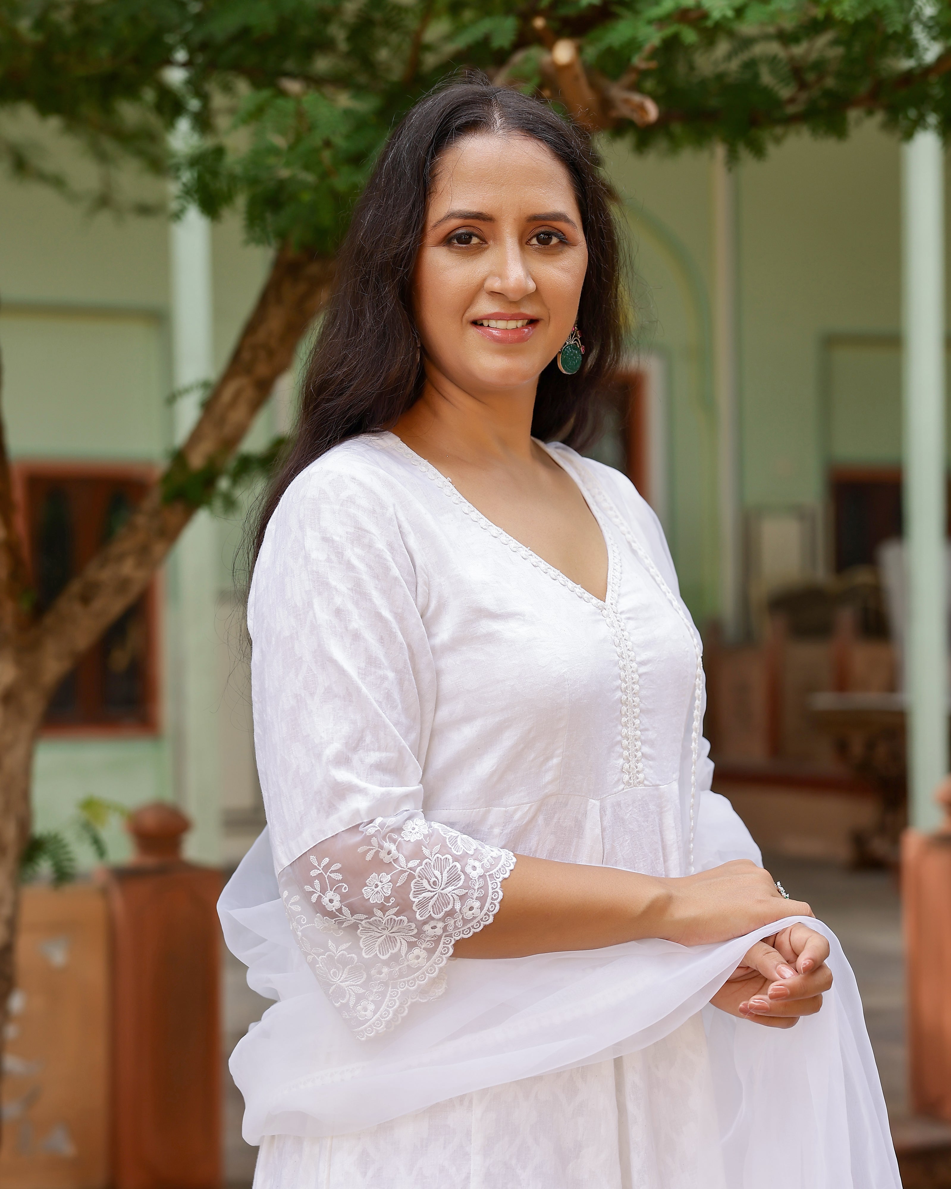 White Lace Dobby Cotton Anarkali Suit