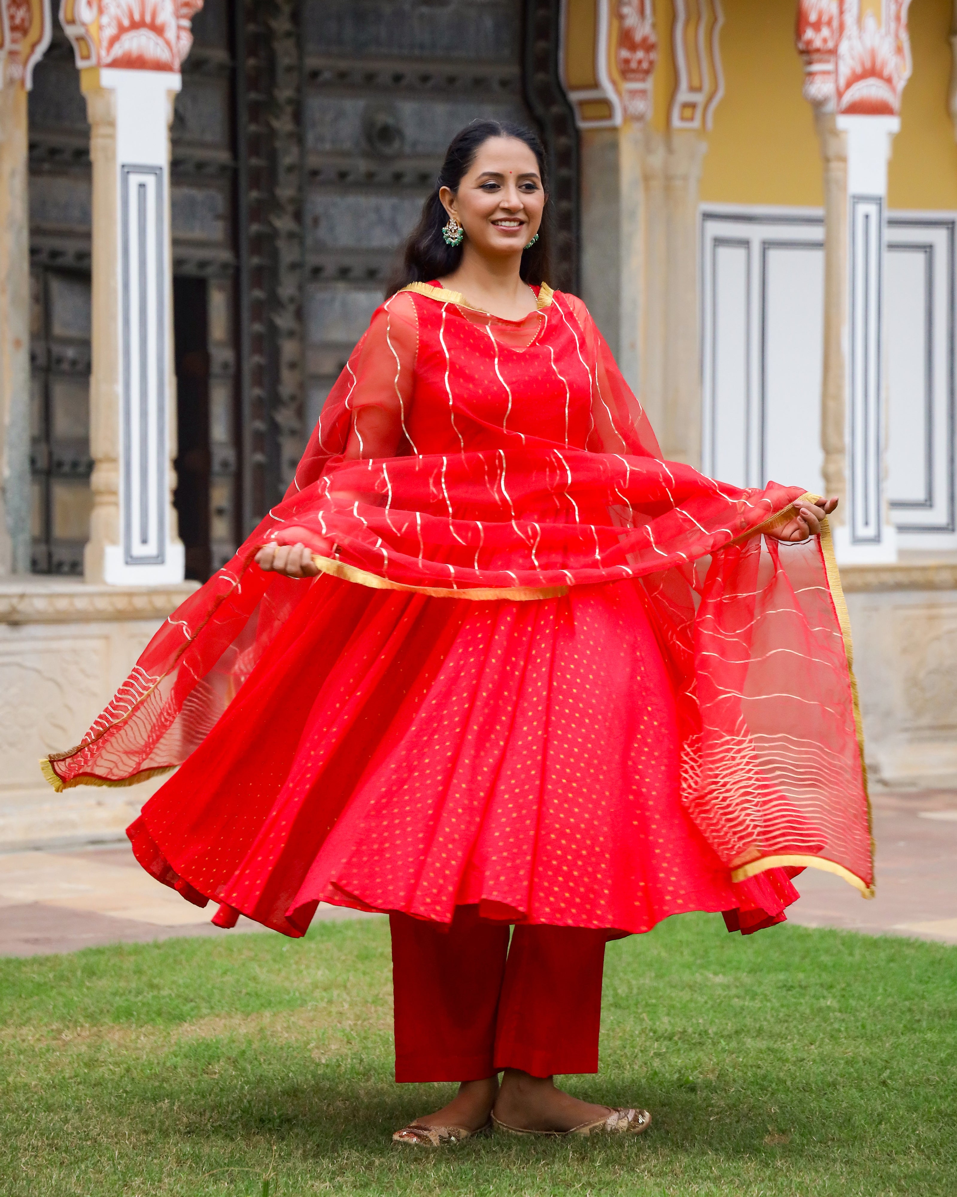 Red Gota Work Lurex Anarkali Suit