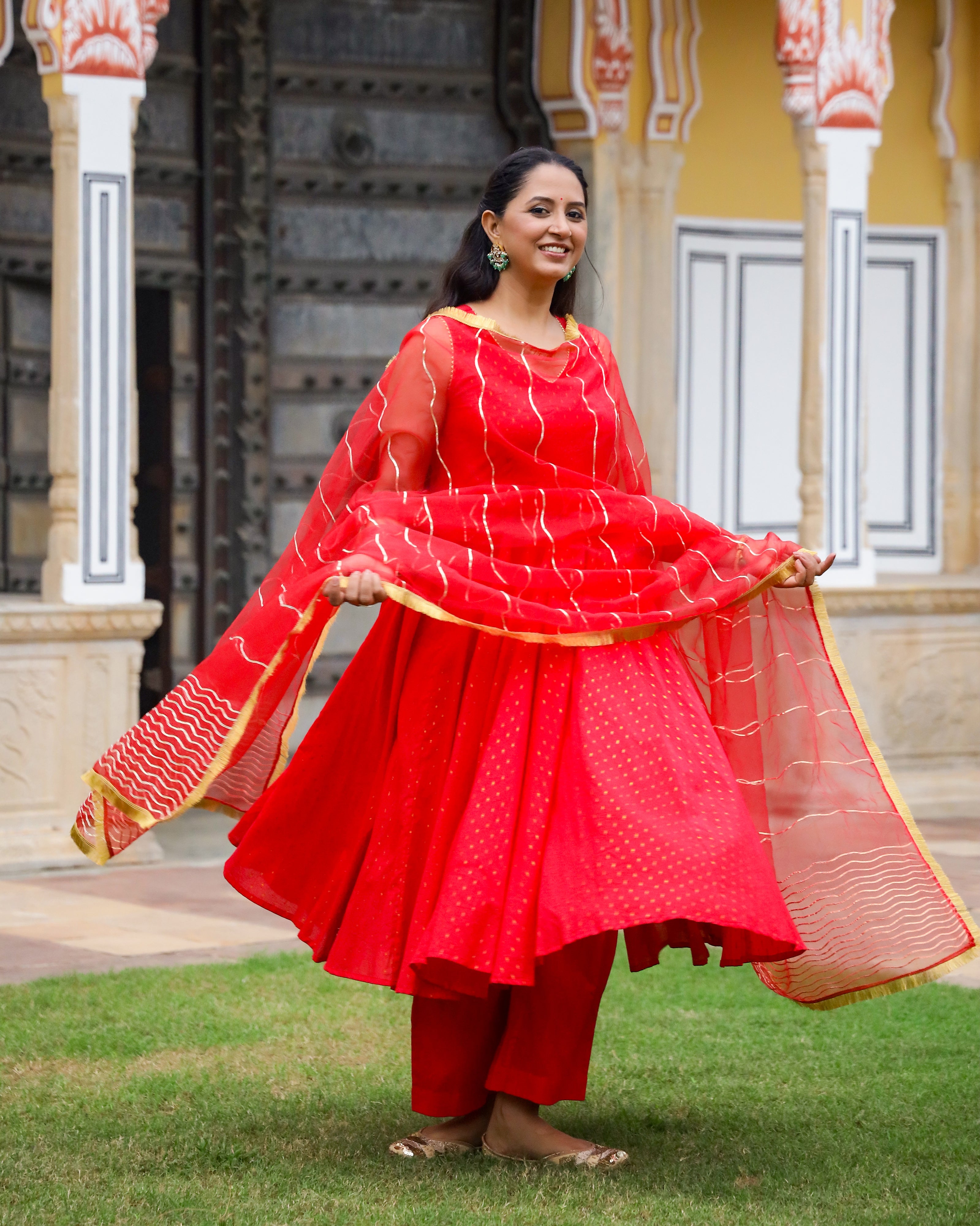 Red Gota Work Lurex Anarkali Suit