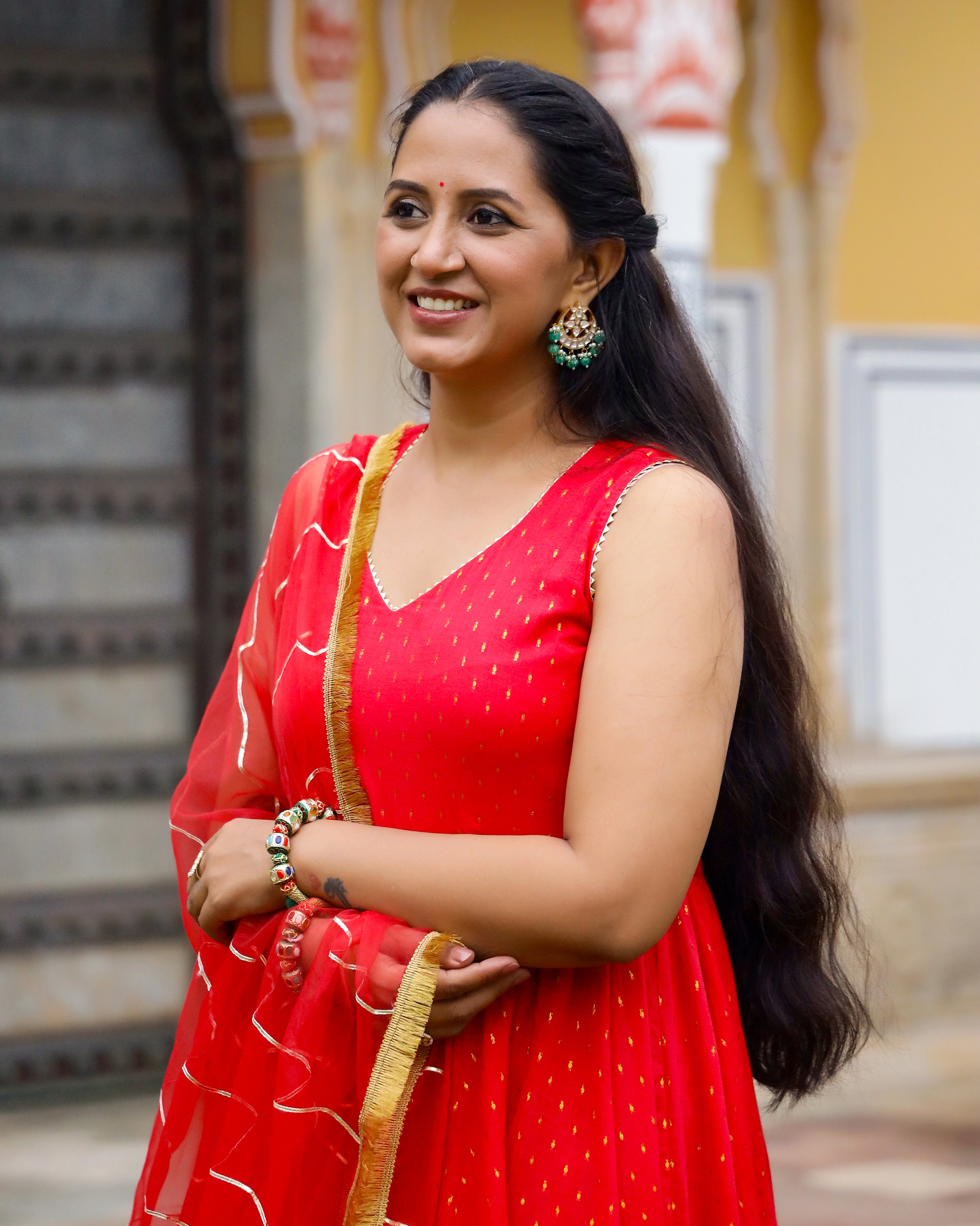 Red Gota Work Lurex Anarkali Suit