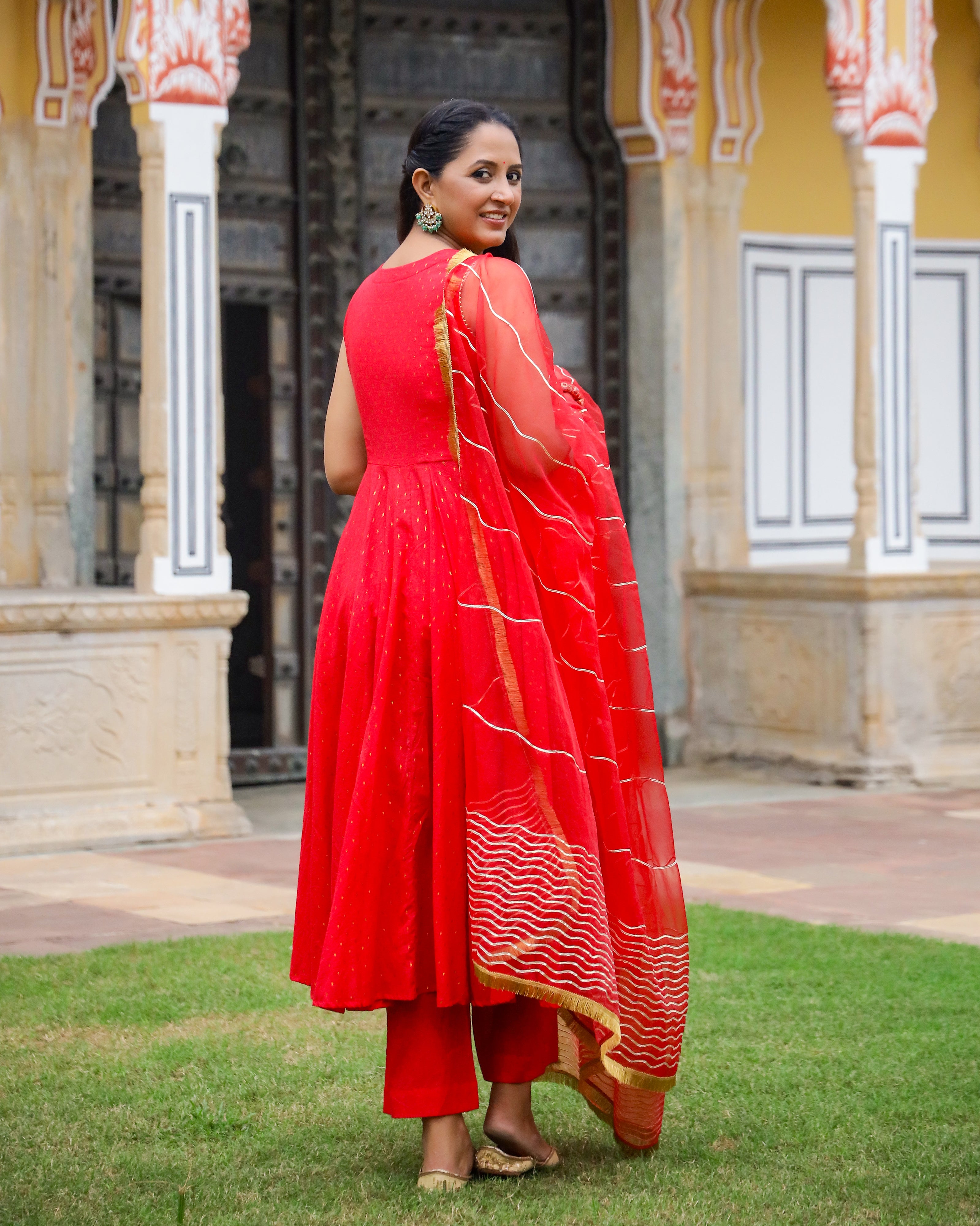 Red Gota Work Lurex Anarkali Suit