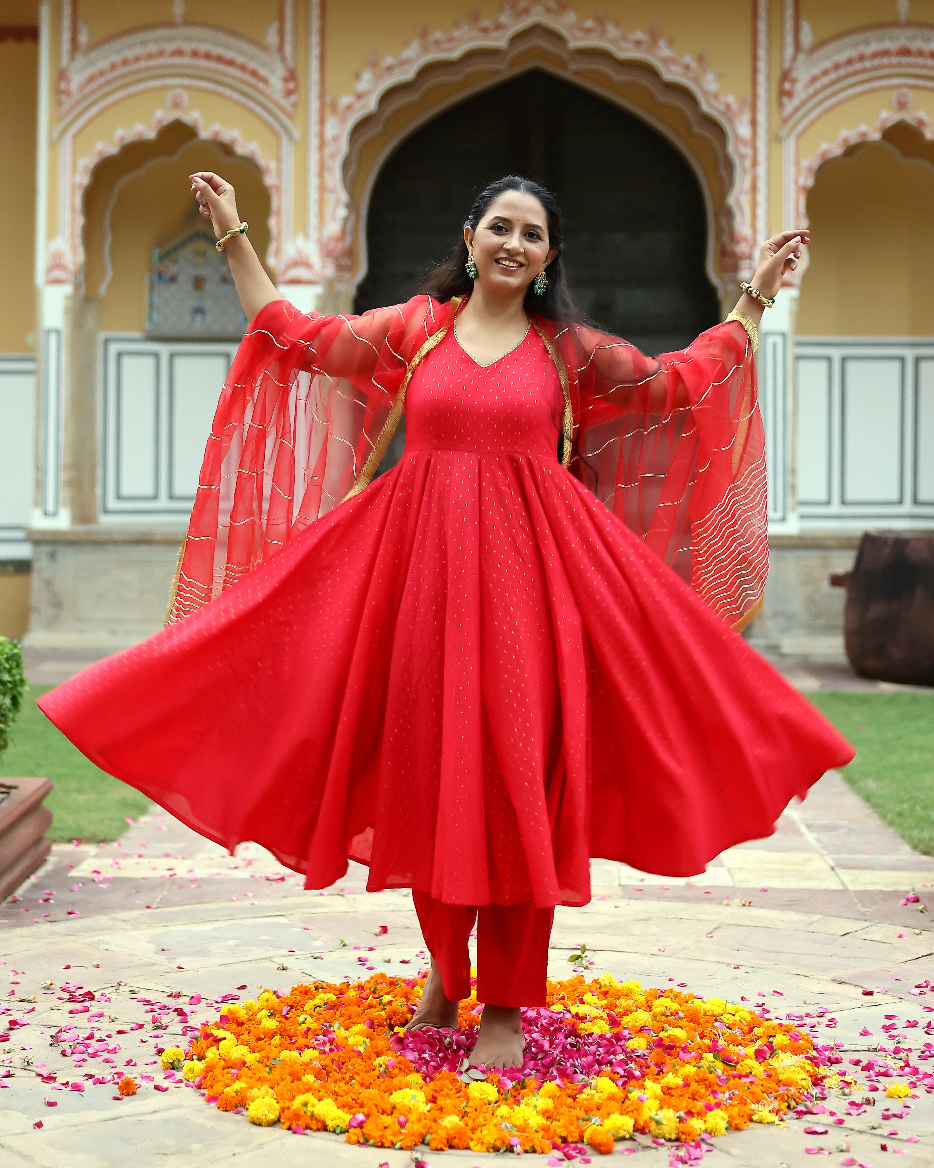 Red Gota Work Lurex Anarkali Suit