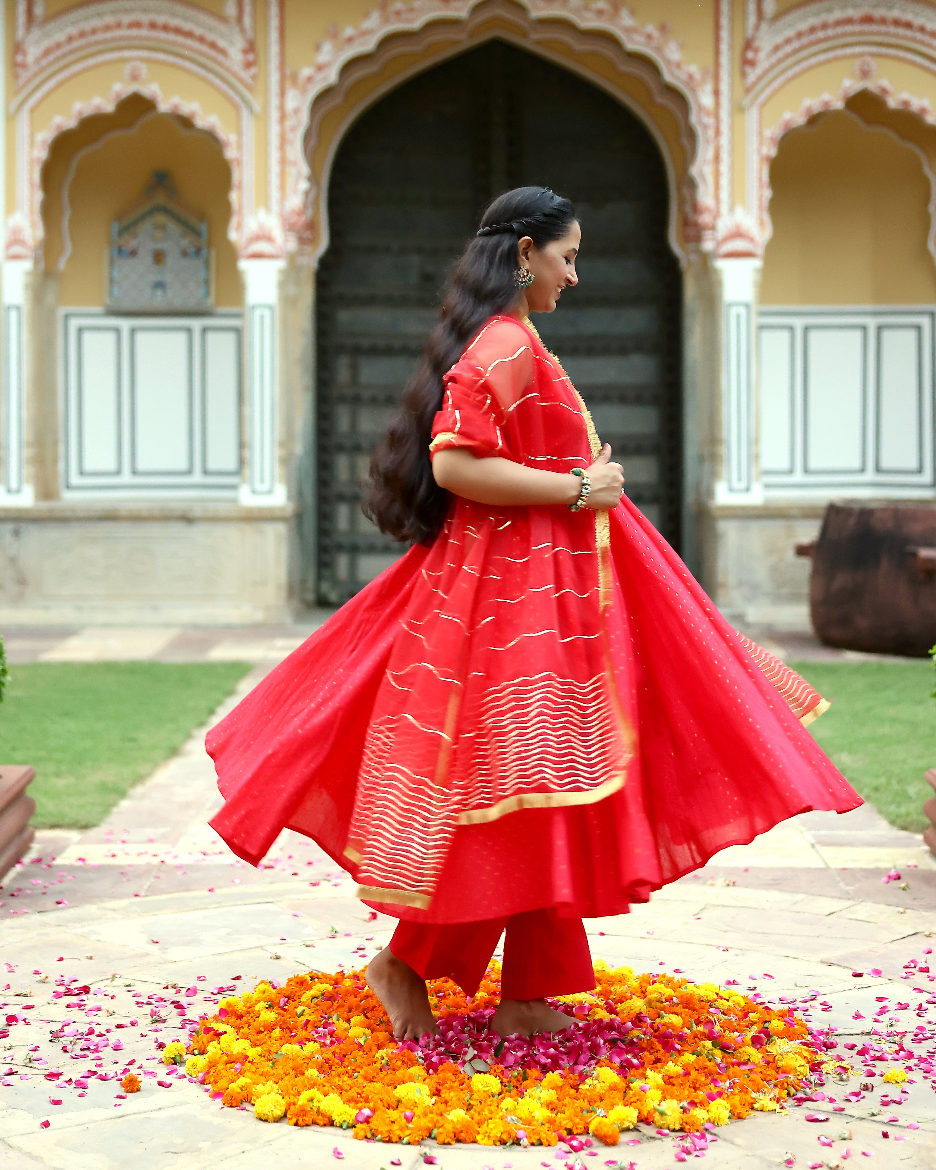Red Gota Work Lurex Anarkali Suit