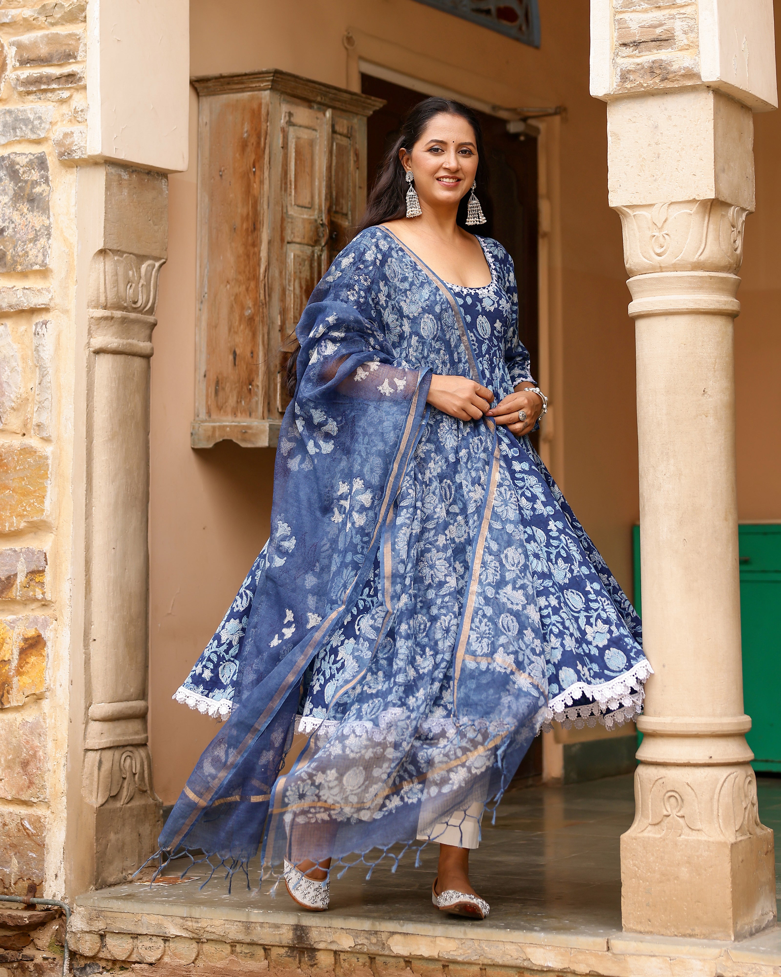 Indigo Dabu Block Cotton Anarkali Suit with Dupatta