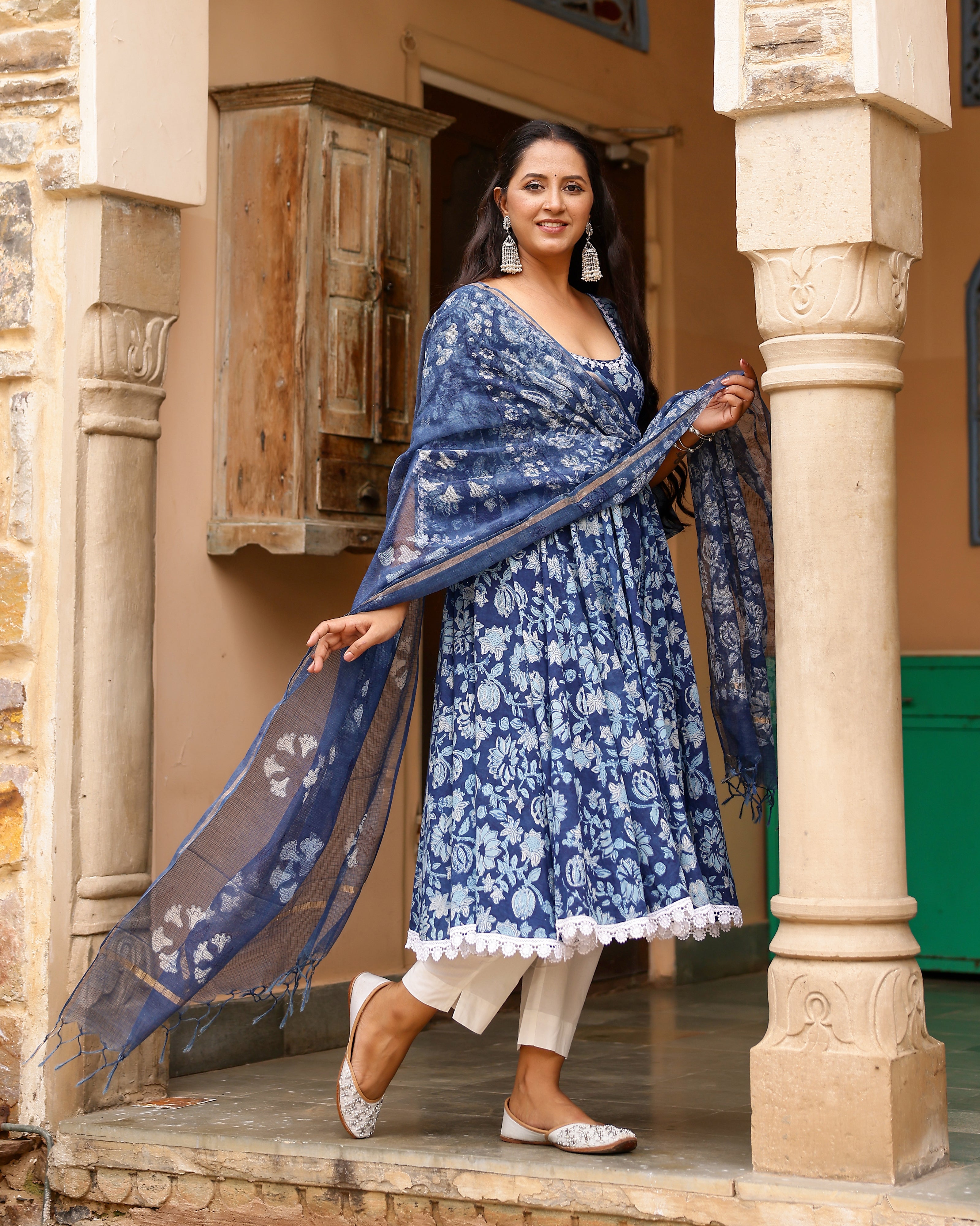 Indigo Dabu Block Cotton Anarkali Suit with Dupatta