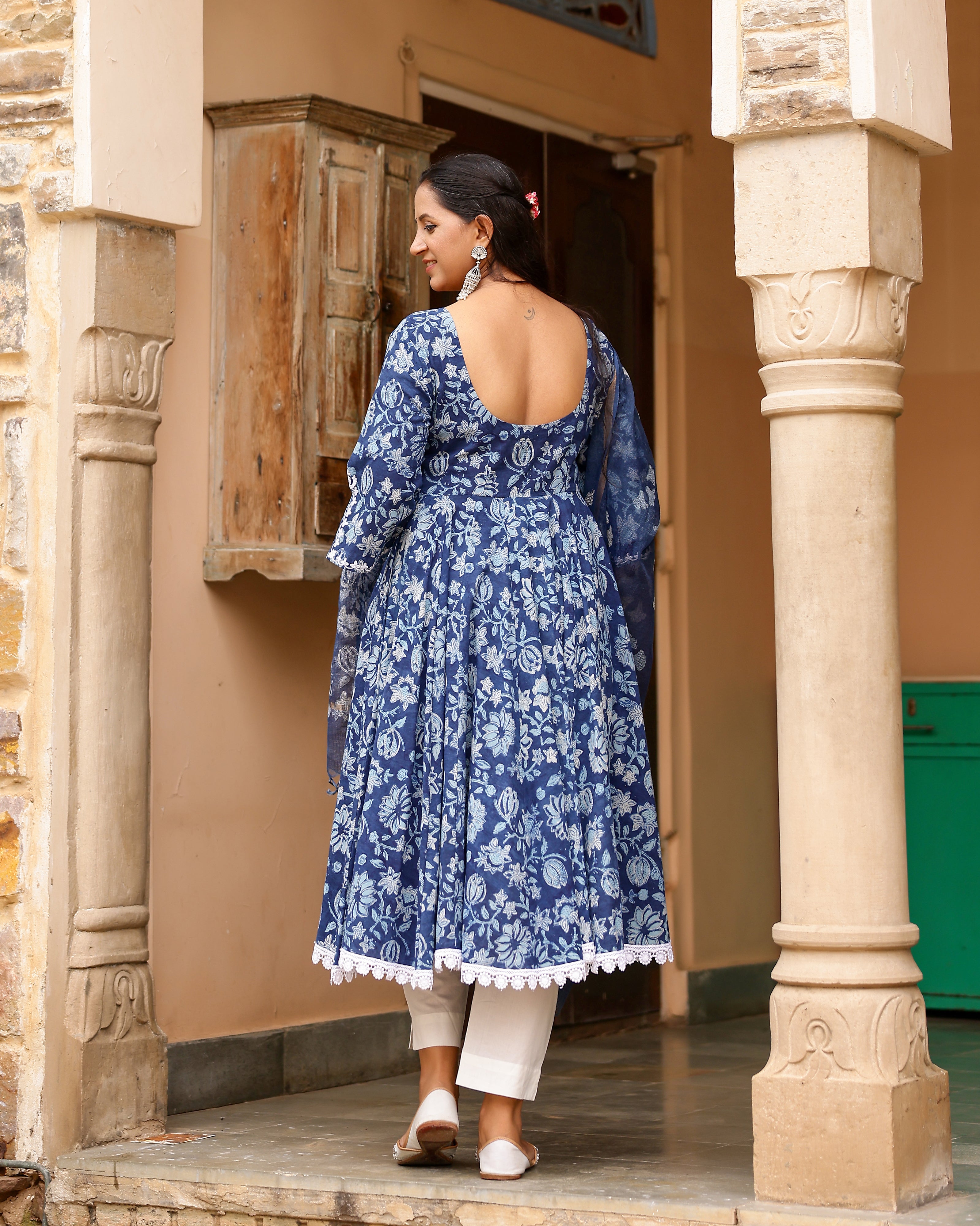Indigo Dabu Block Cotton Anarkali Suit with Dupatta