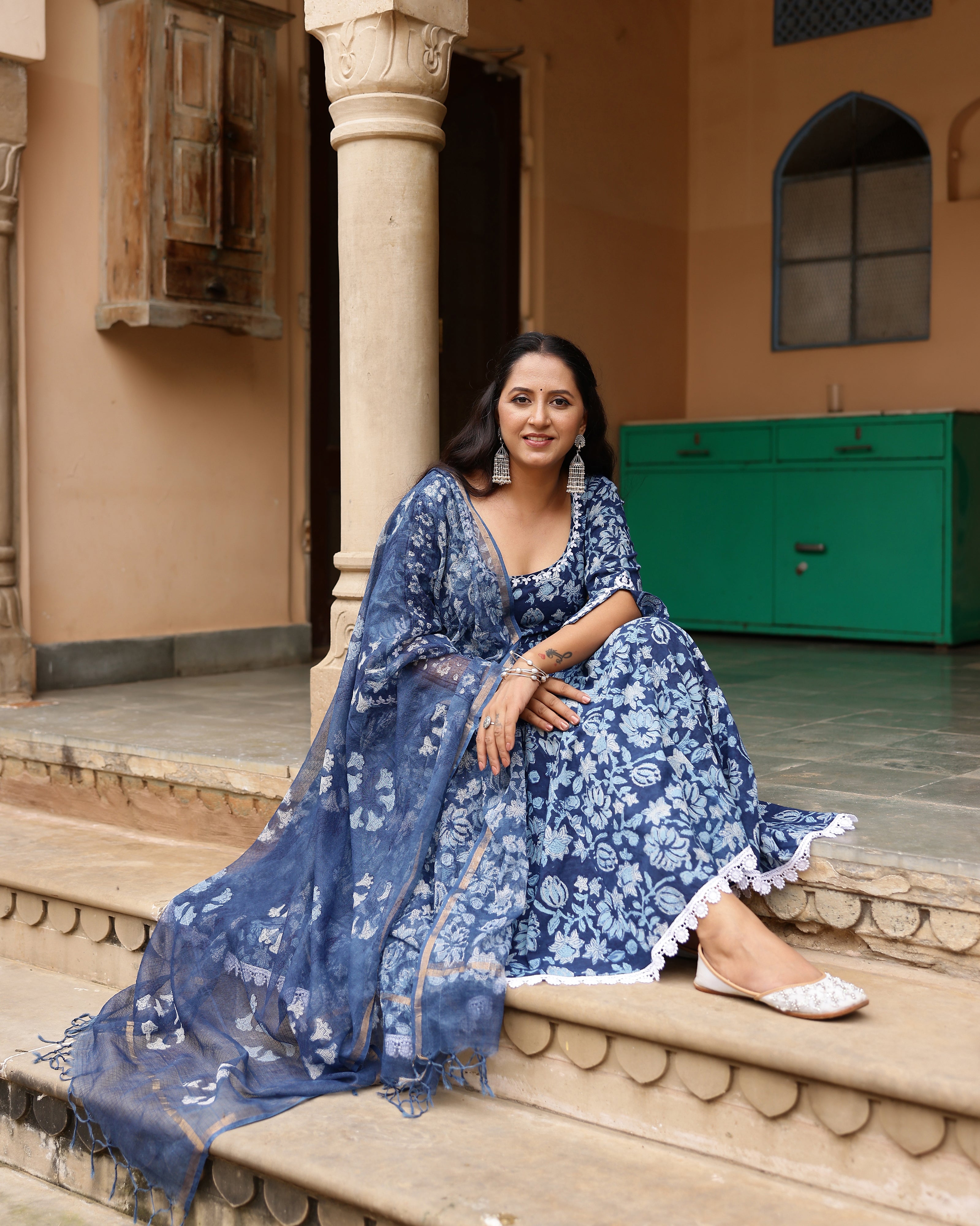Indigo Dabu Block Cotton Anarkali Suit with Dupatta