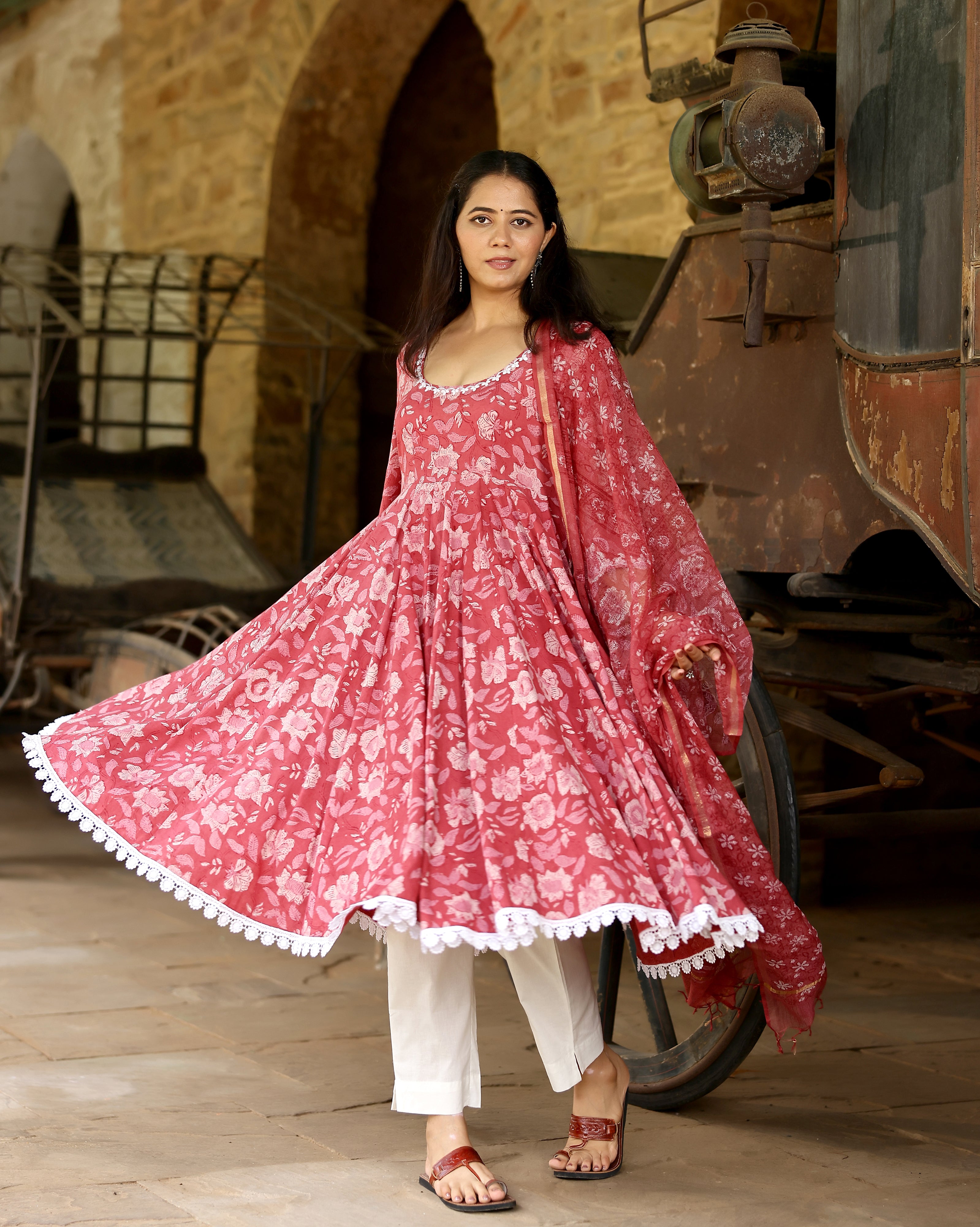 Pink Dabu Block Cotton Anarkali Suit with Dupatta