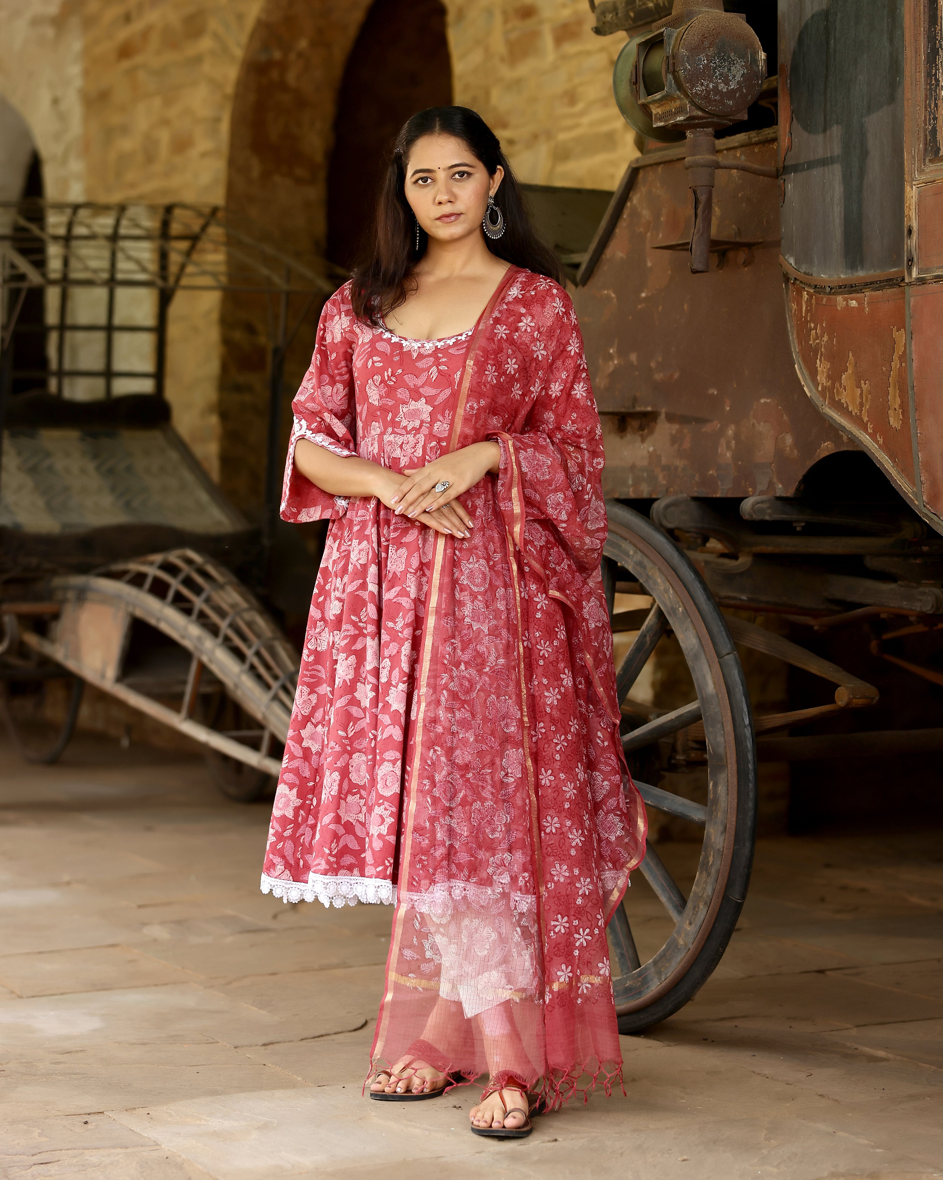 Pink Dabu Block Cotton Anarkali Suit with Dupatta