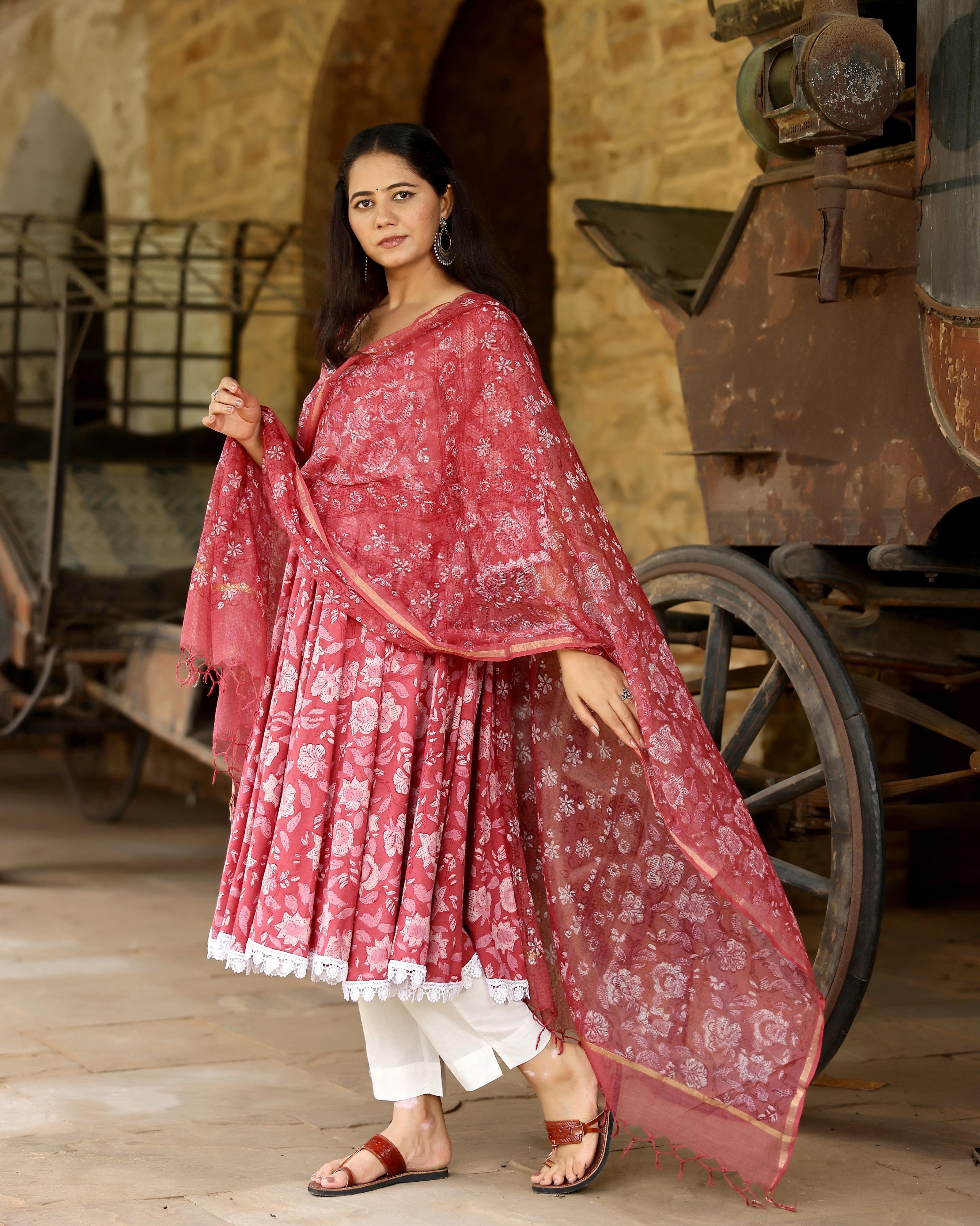 Pink Dabu Block Cotton Anarkali Suit with Dupatta