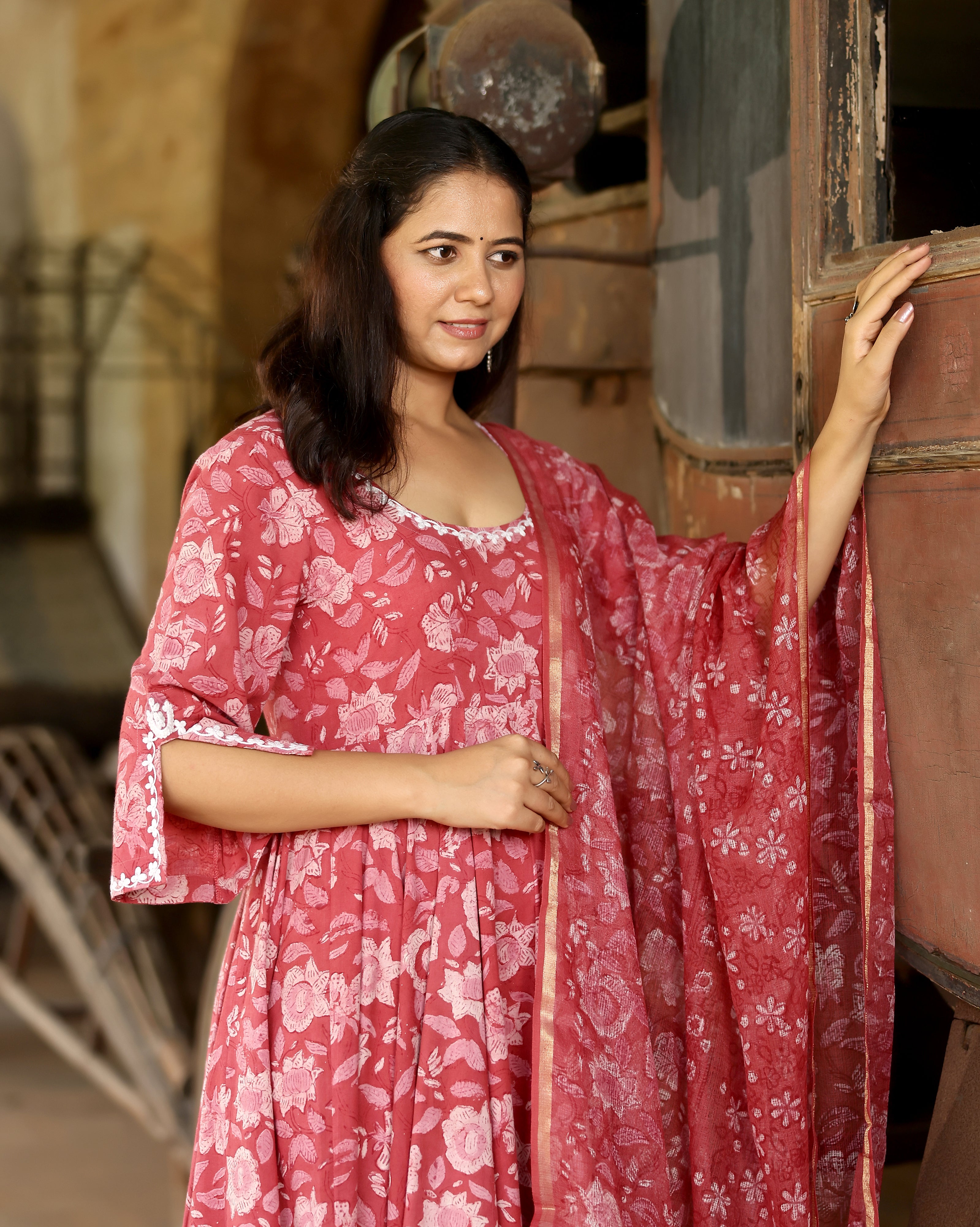 Pink Dabu Block Cotton Anarkali Suit with Dupatta