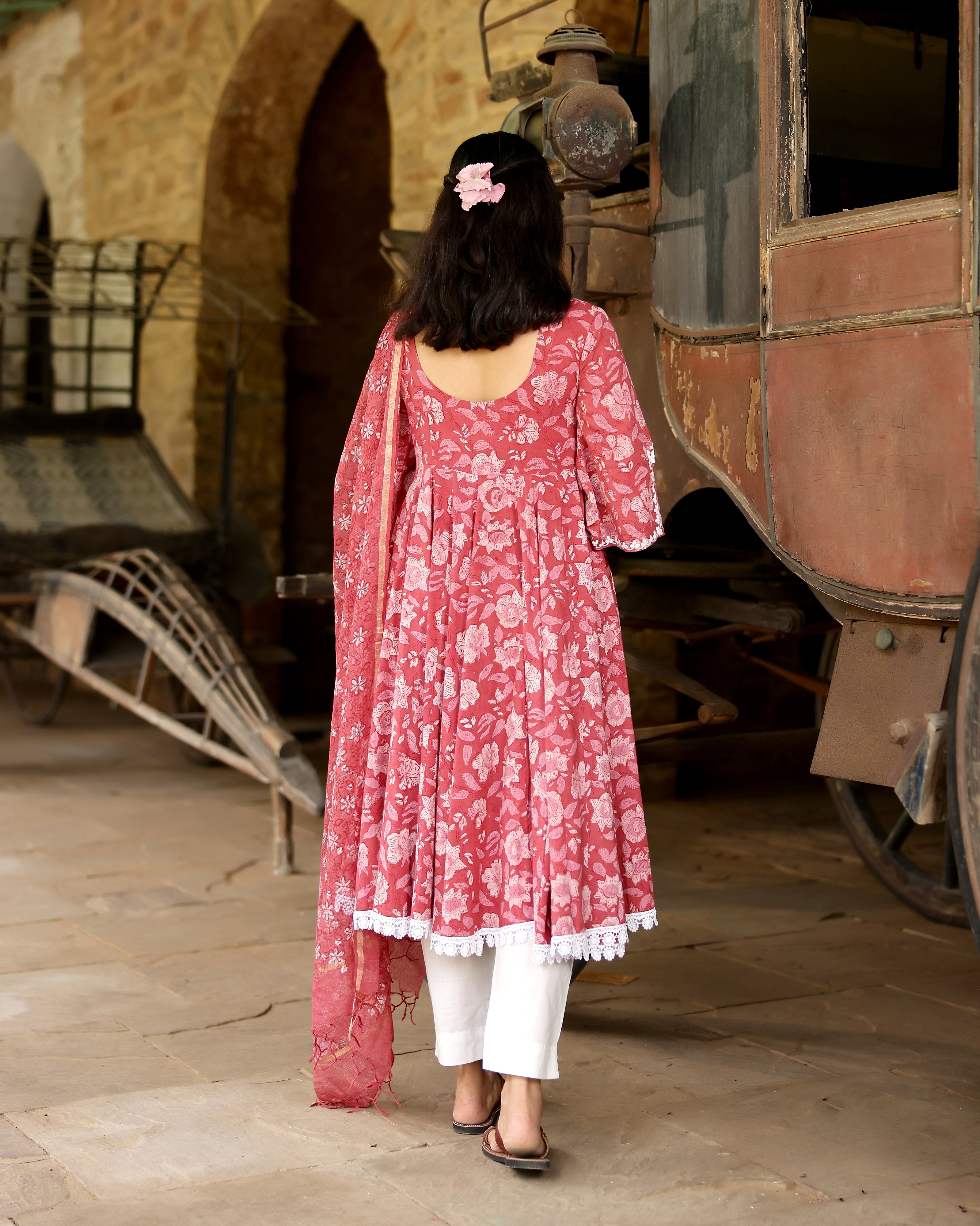 Pink Dabu Block Cotton Anarkali Suit with Dupatta