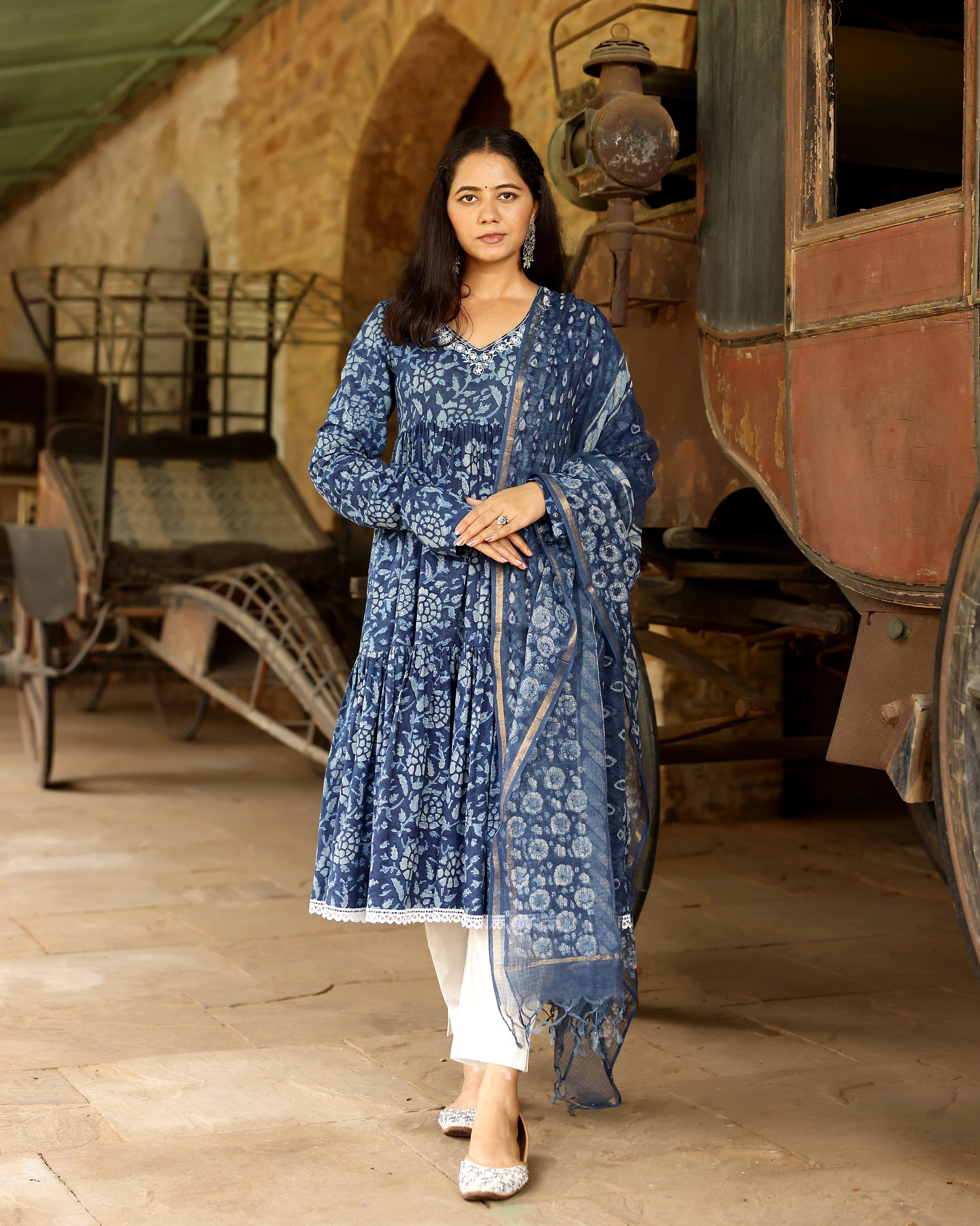 Indigo Dabu Block Cotton Anarkali Suit with Dupatta