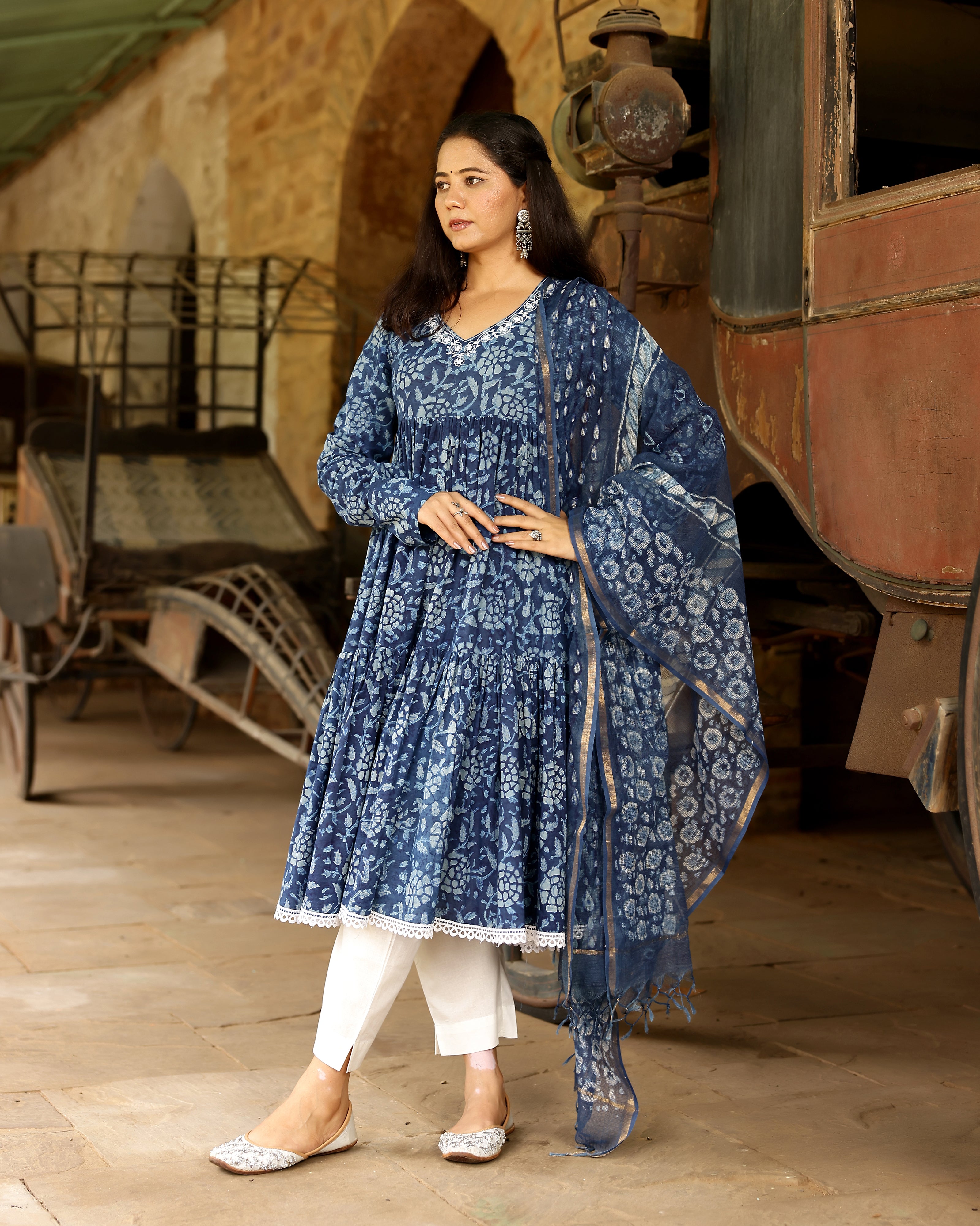 Indigo Dabu Block Cotton Anarkali Suit with Dupatta