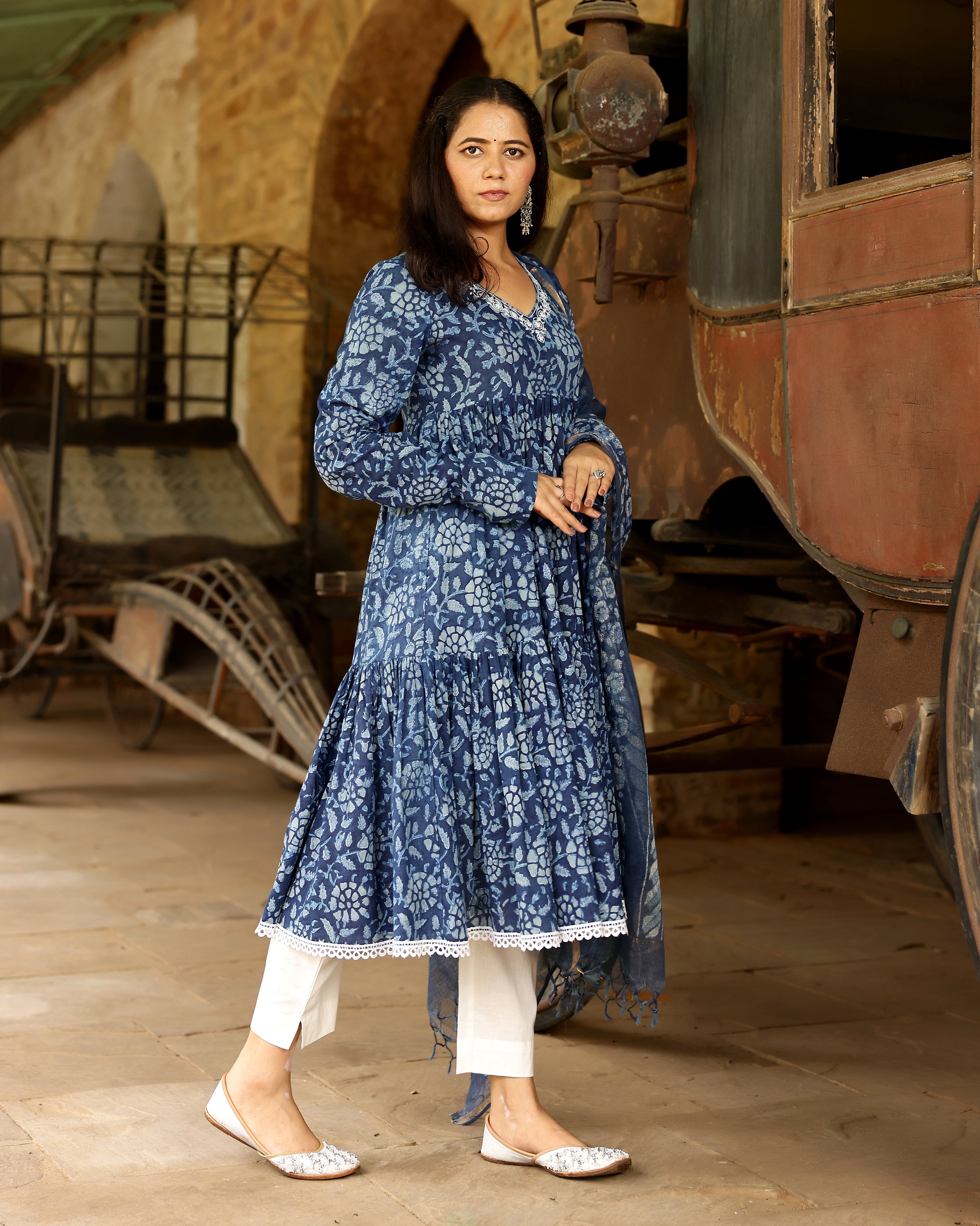 Indigo Dabu Block Cotton Anarkali Suit with Dupatta