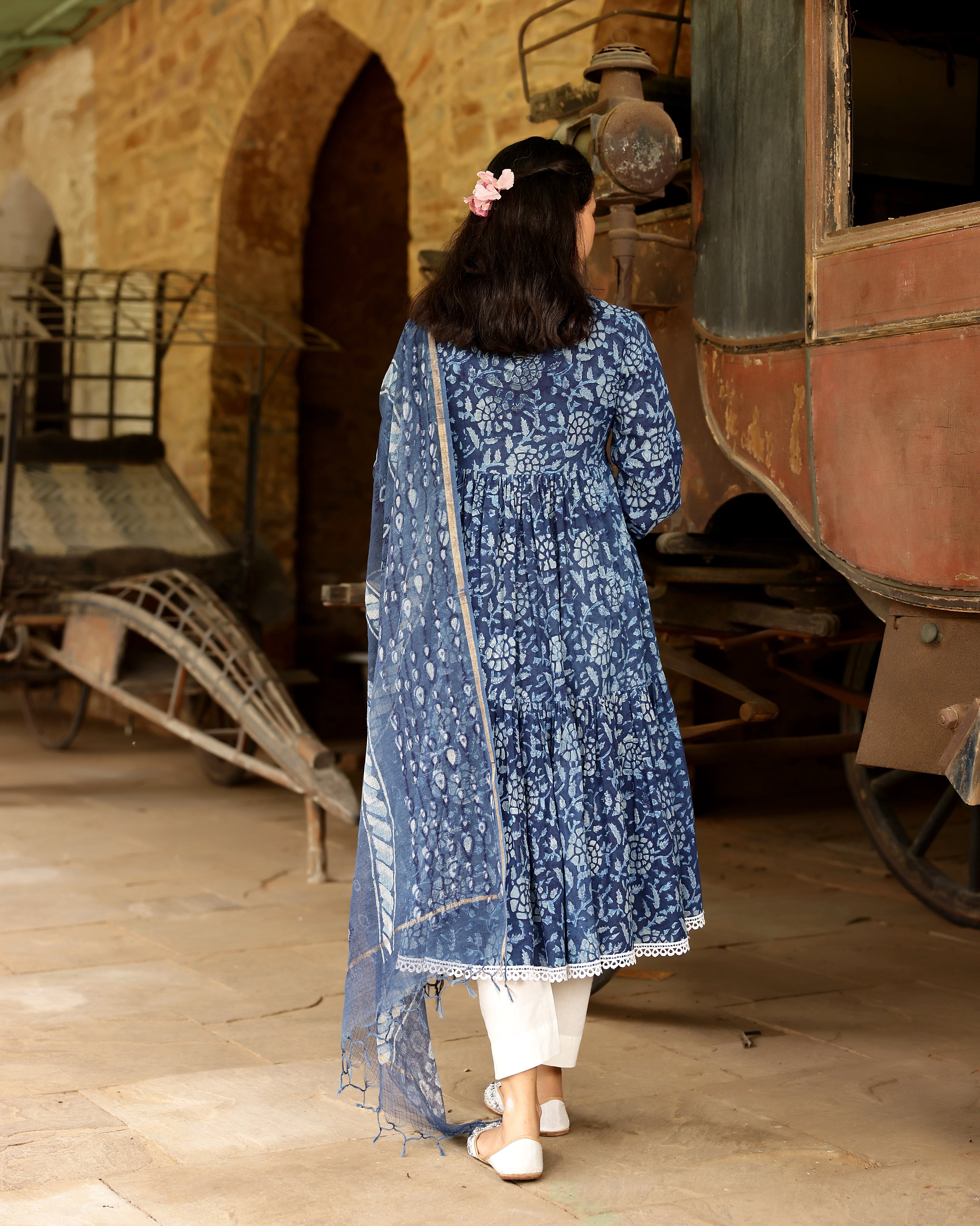Indigo Dabu Block Cotton Anarkali Suit with Dupatta
