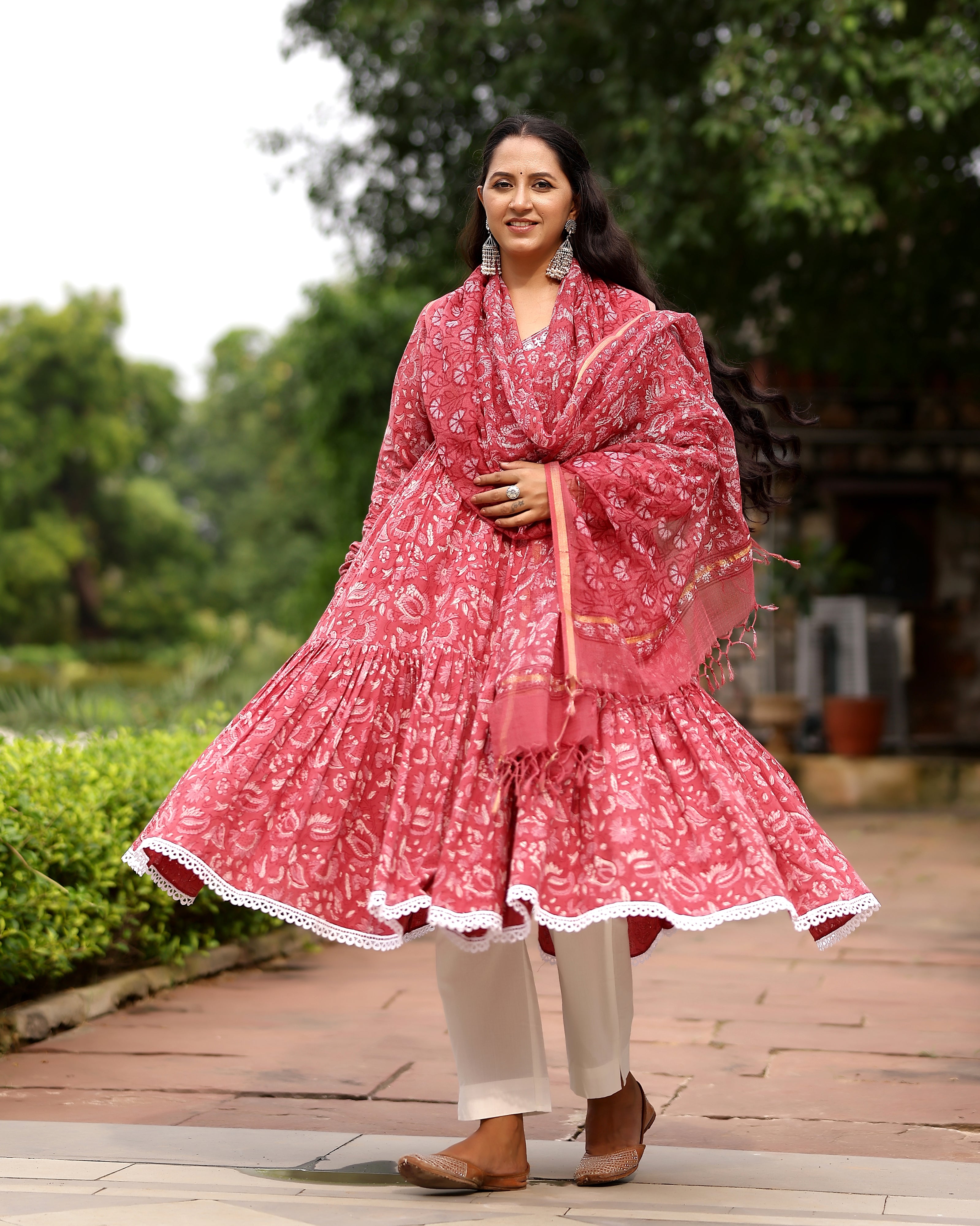 Pink Dabu Block Cotton Anarkali Suit with Dupatta