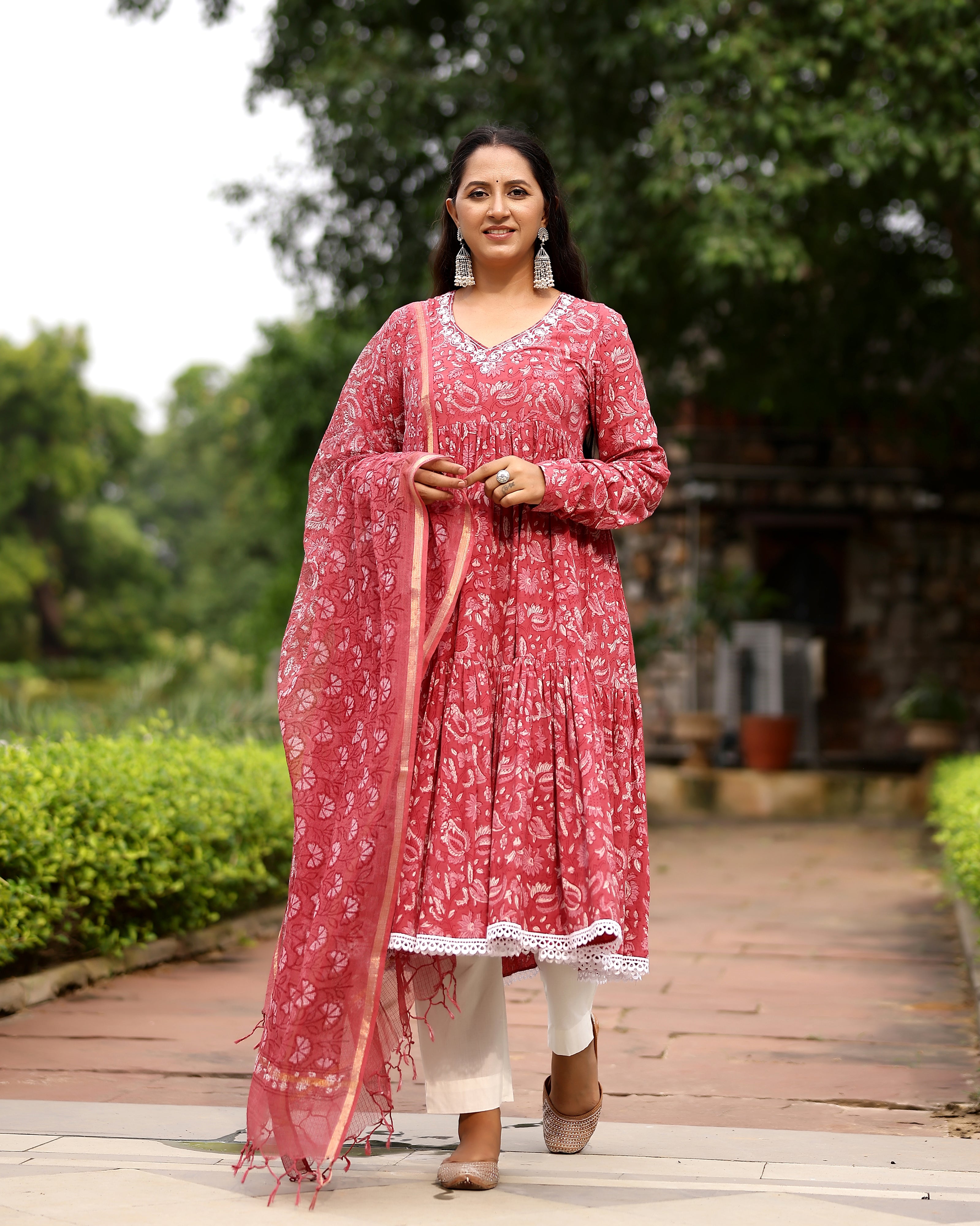 Pink Dabu Block Cotton Anarkali Suit with Dupatta