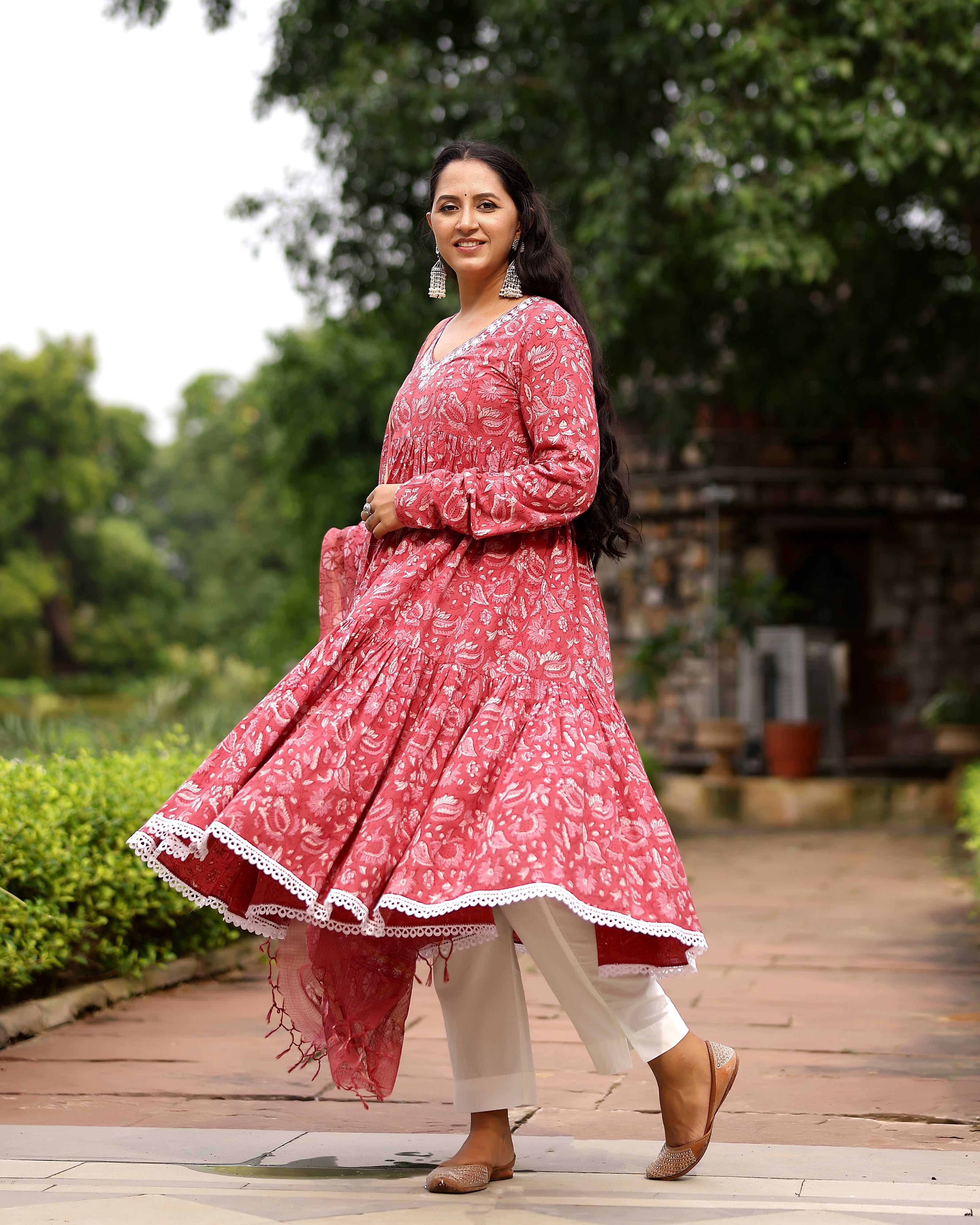 Pink Dabu Block Cotton Anarkali Suit with Dupatta