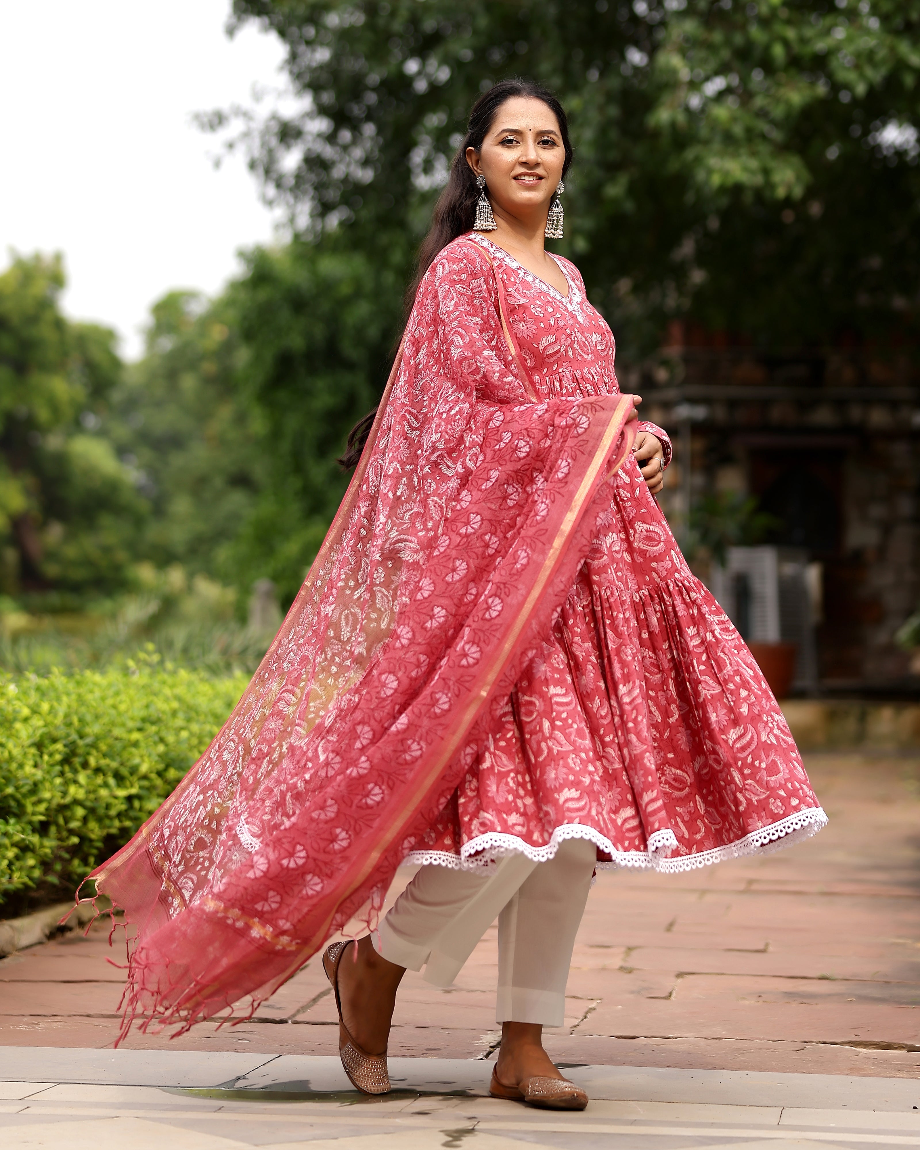 Pink Dabu Block Cotton Anarkali Suit with Dupatta