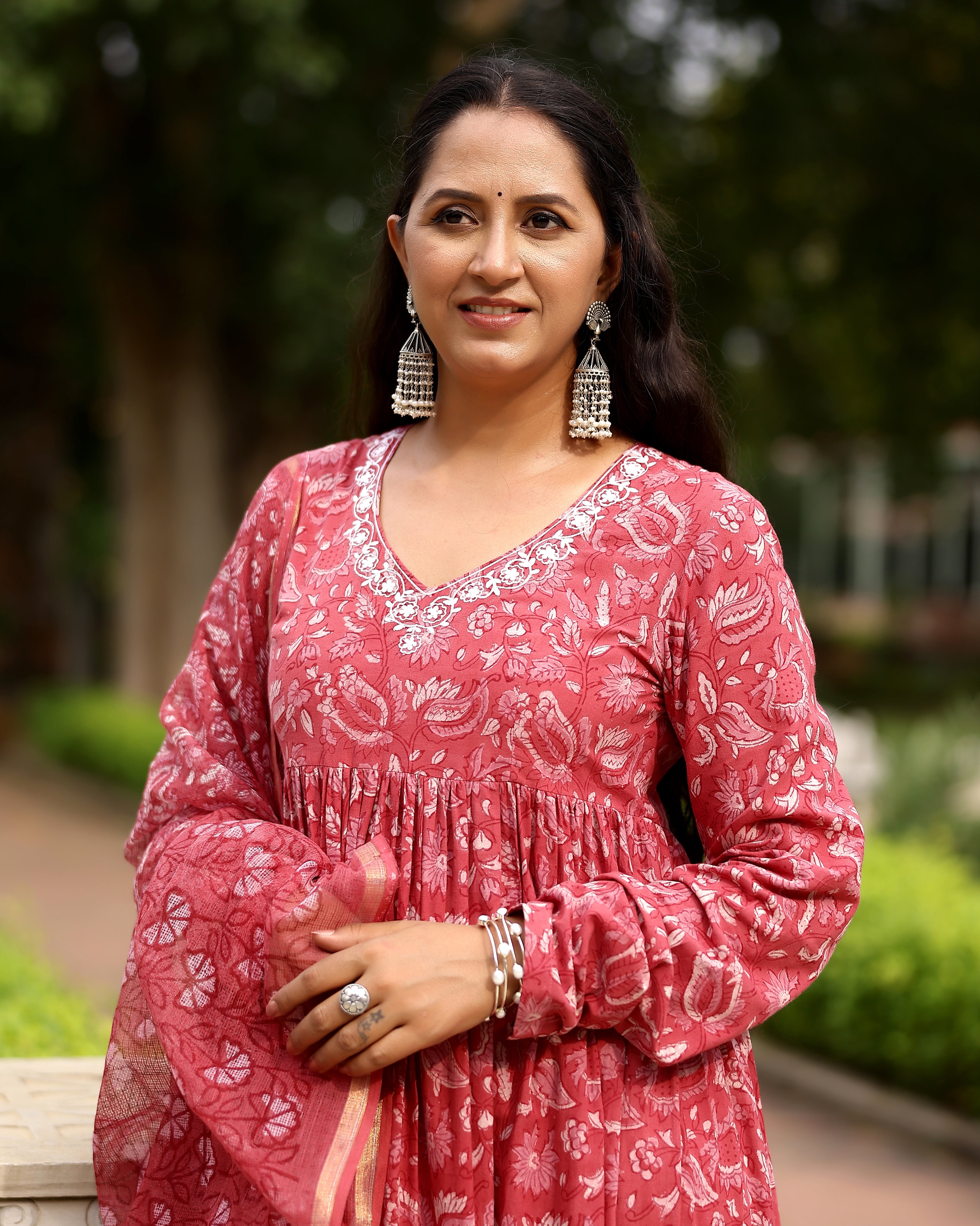 Pink Dabu Block Cotton Anarkali Suit with Dupatta