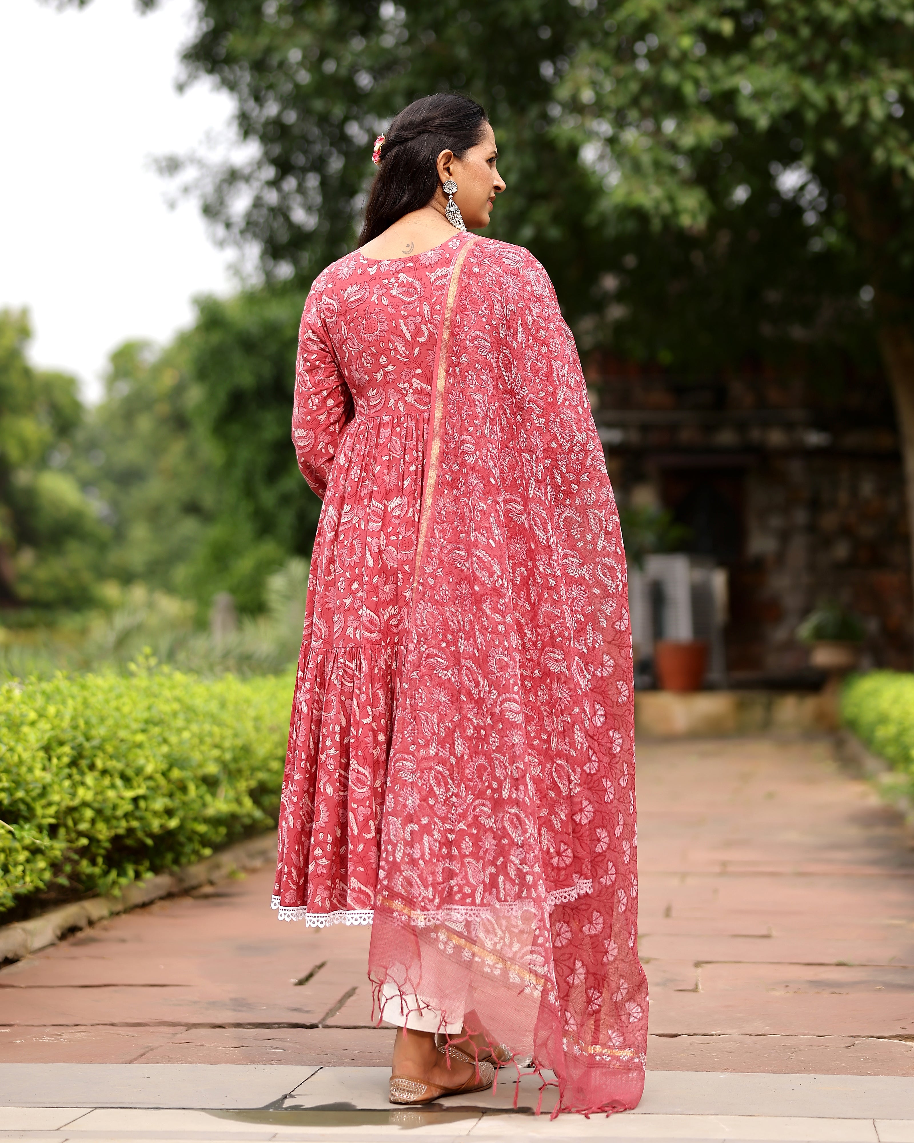 Pink Dabu Block Cotton Anarkali Suit with Dupatta