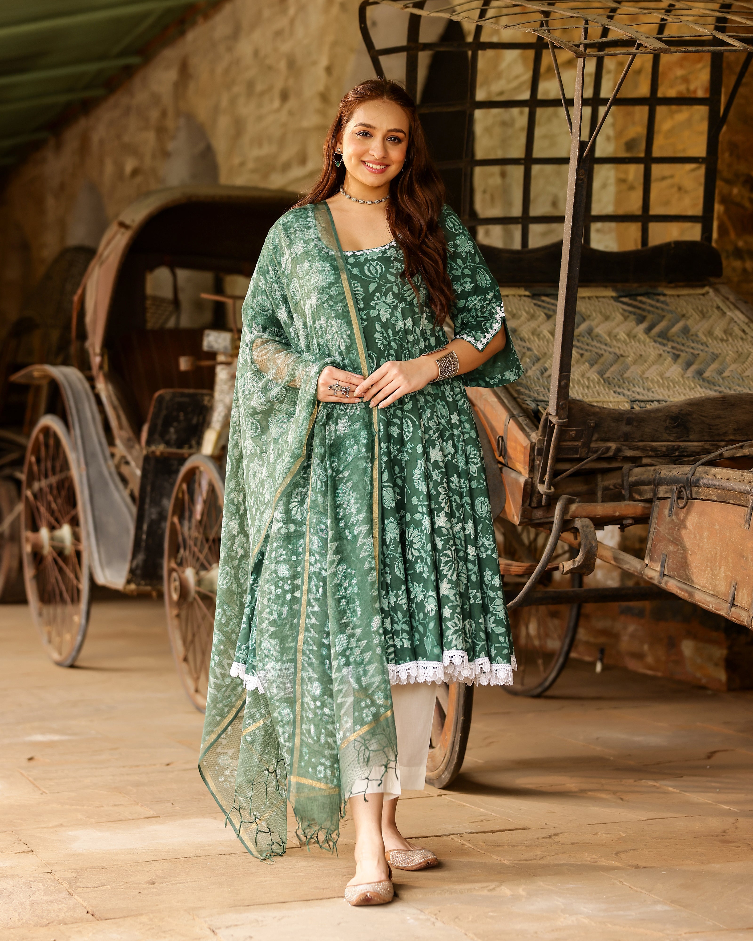 Green Dabu Block Cotton Anarkali Suit with Dupatta