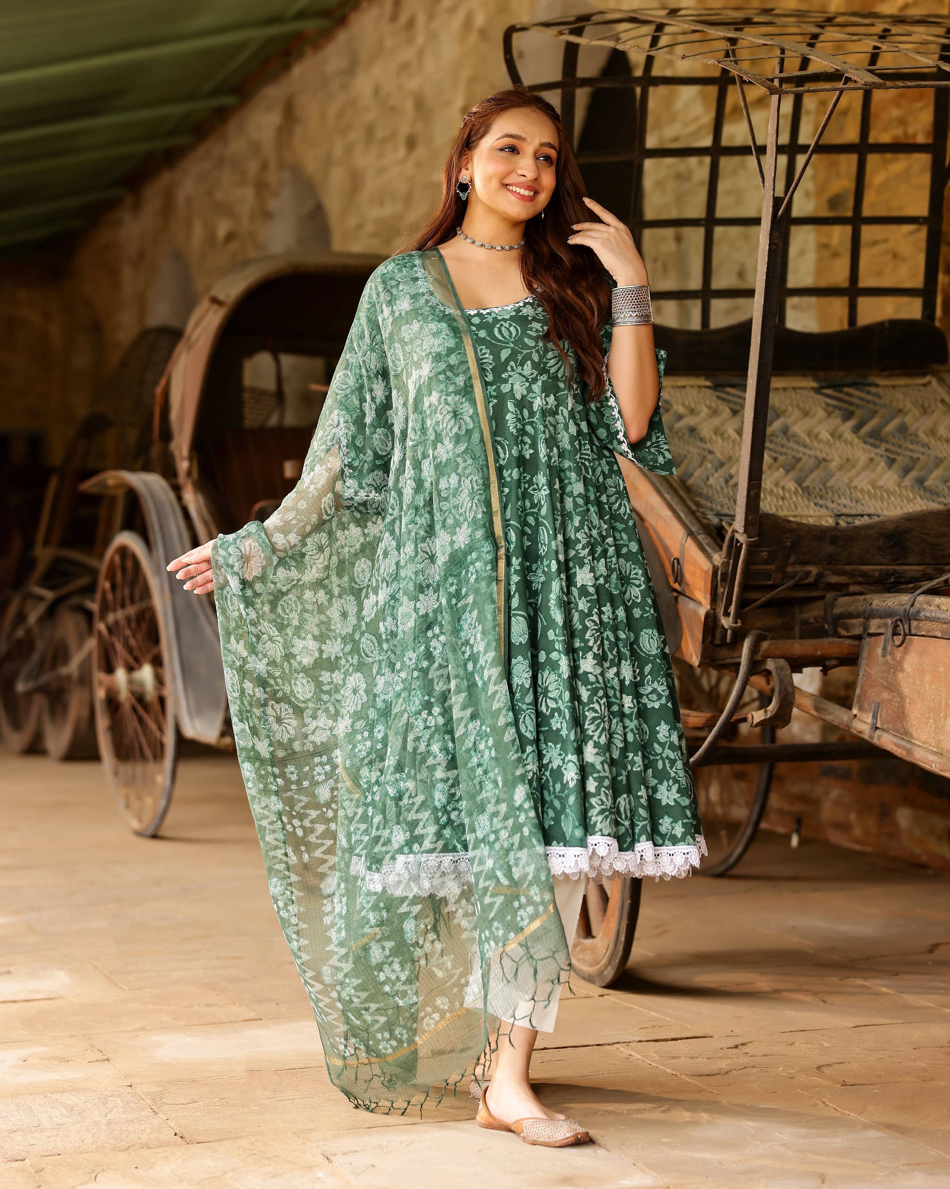 Green Dabu Block Cotton Anarkali Suit with Dupatta