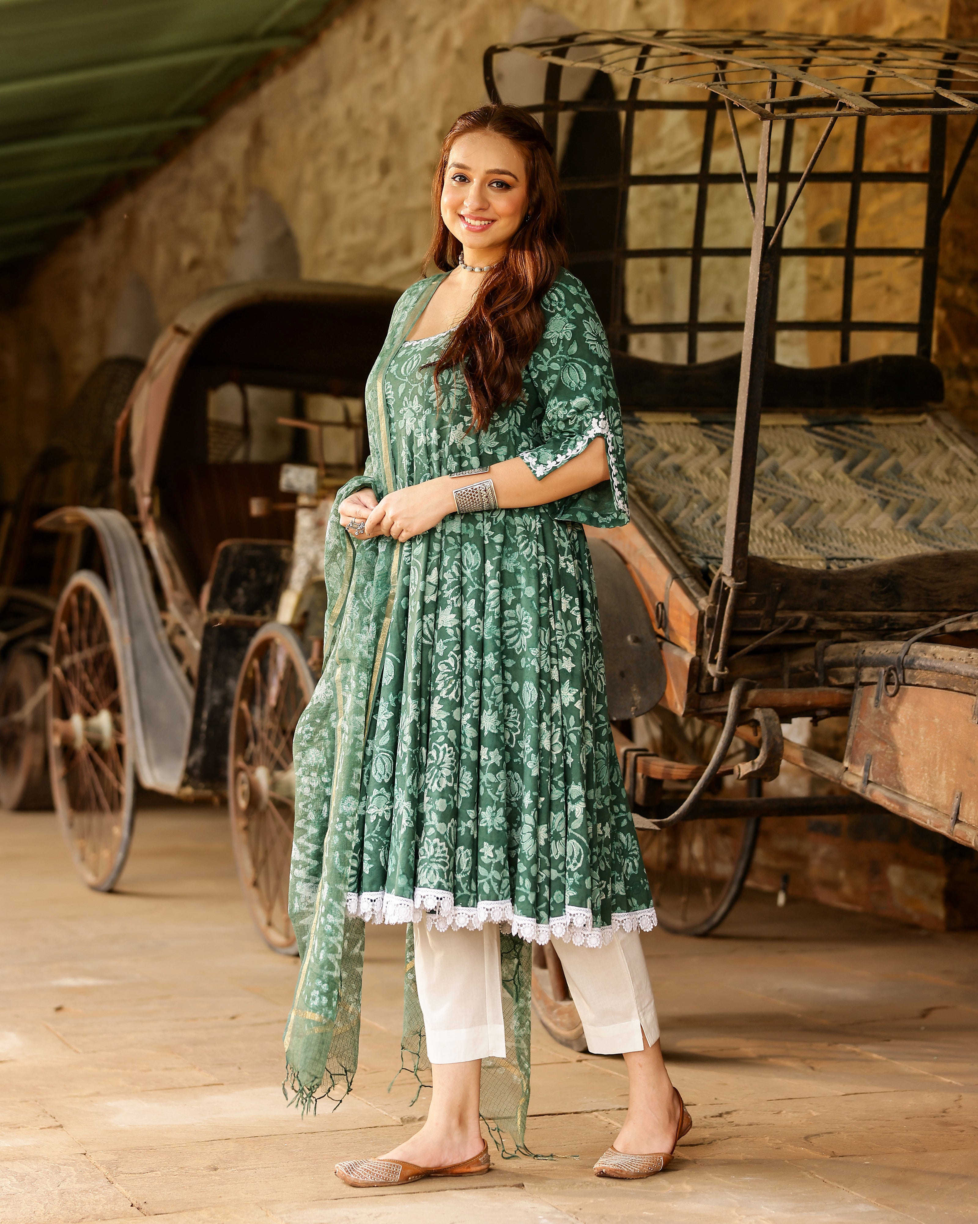 Green Dabu Block Cotton Anarkali Suit with Dupatta