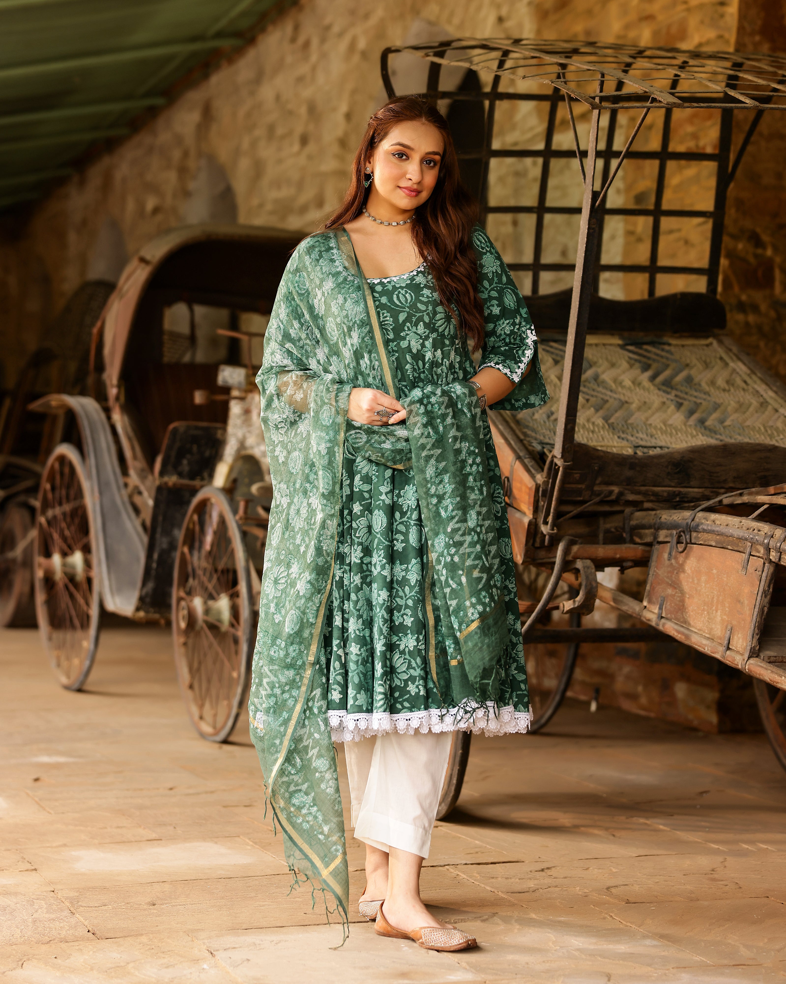 Green Dabu Block Cotton Anarkali Suit with Dupatta