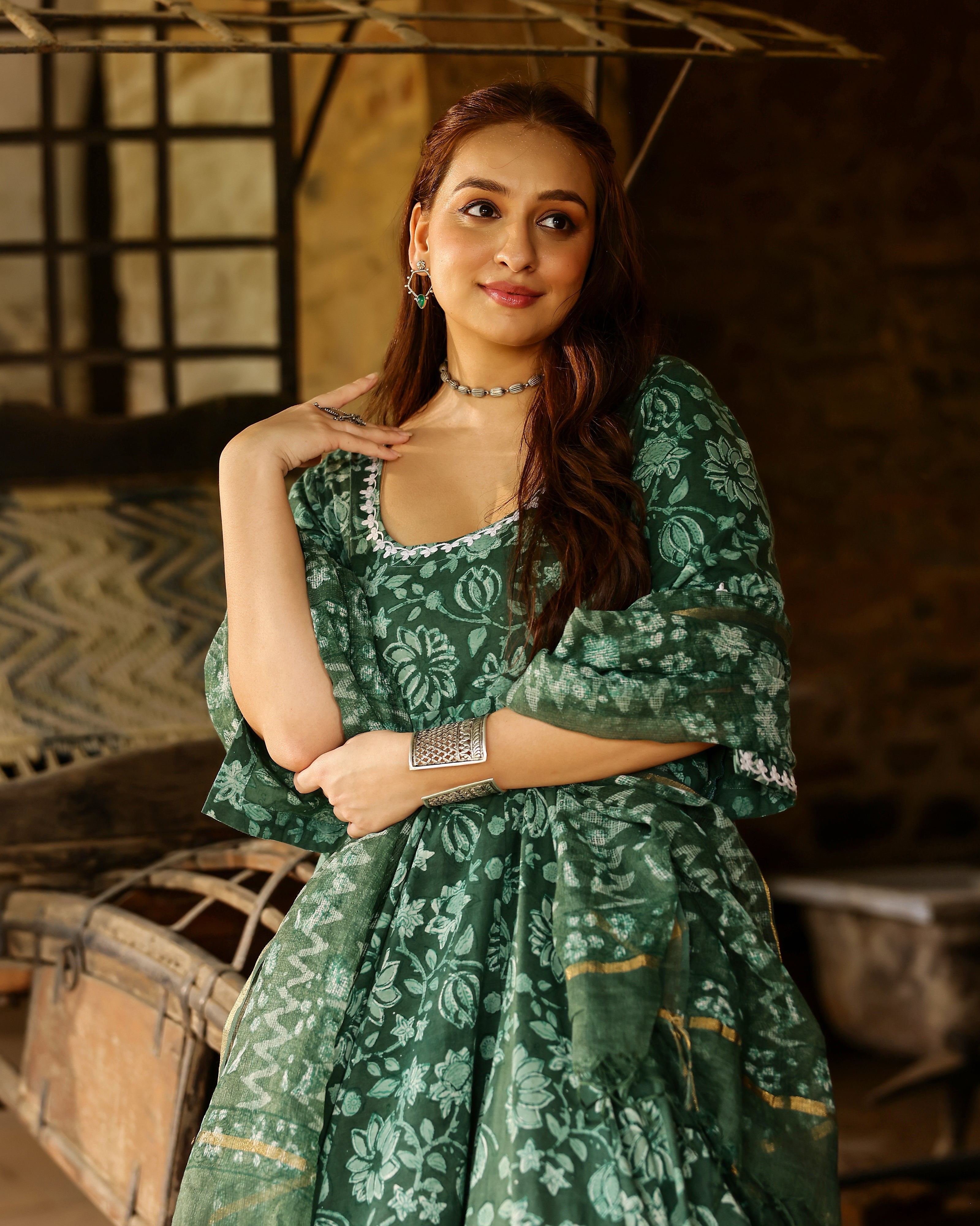 Green Dabu Block Cotton Anarkali Suit with Dupatta