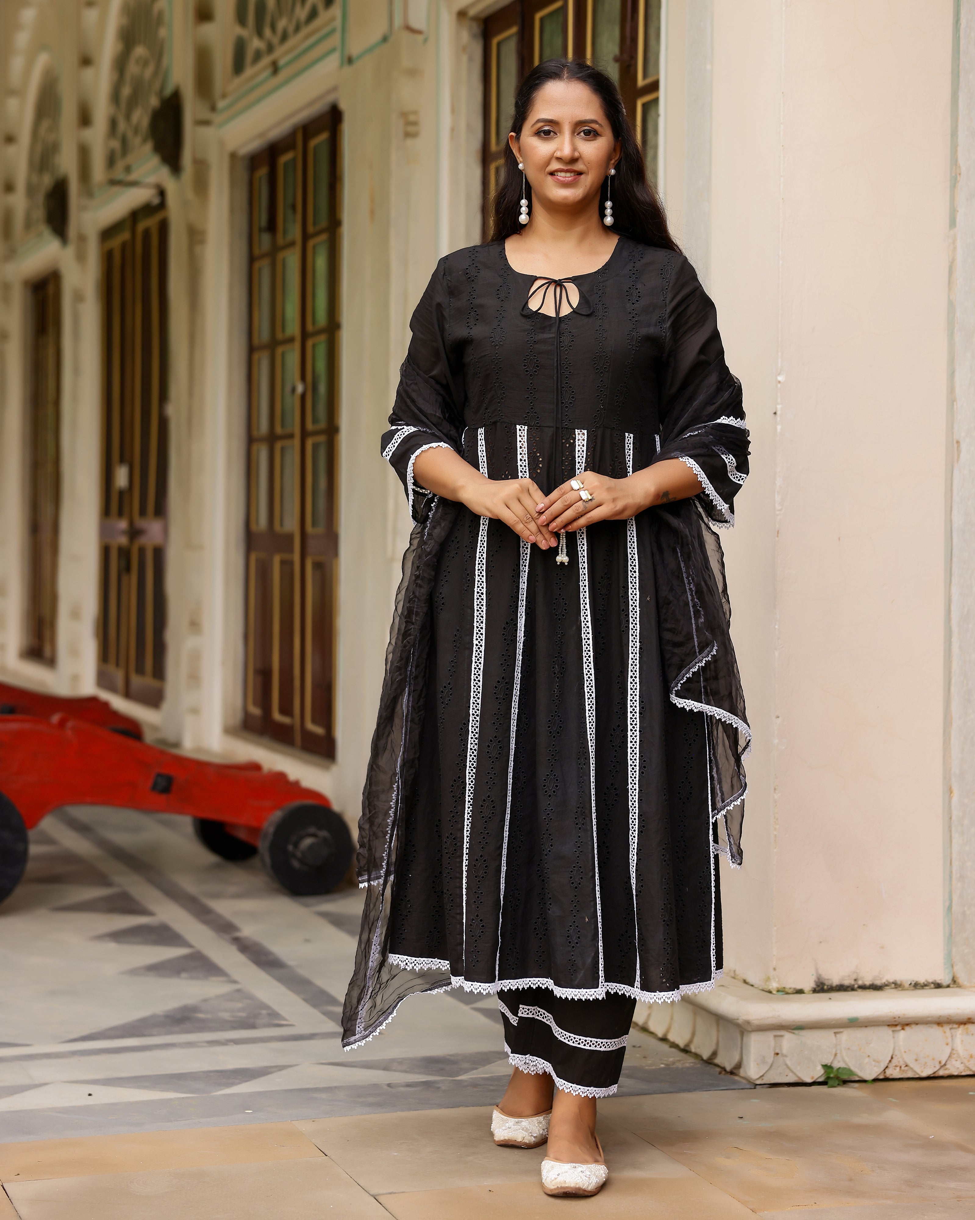 Black Cotton Schiffli Anarkali Suit Set with Organza Dupatta