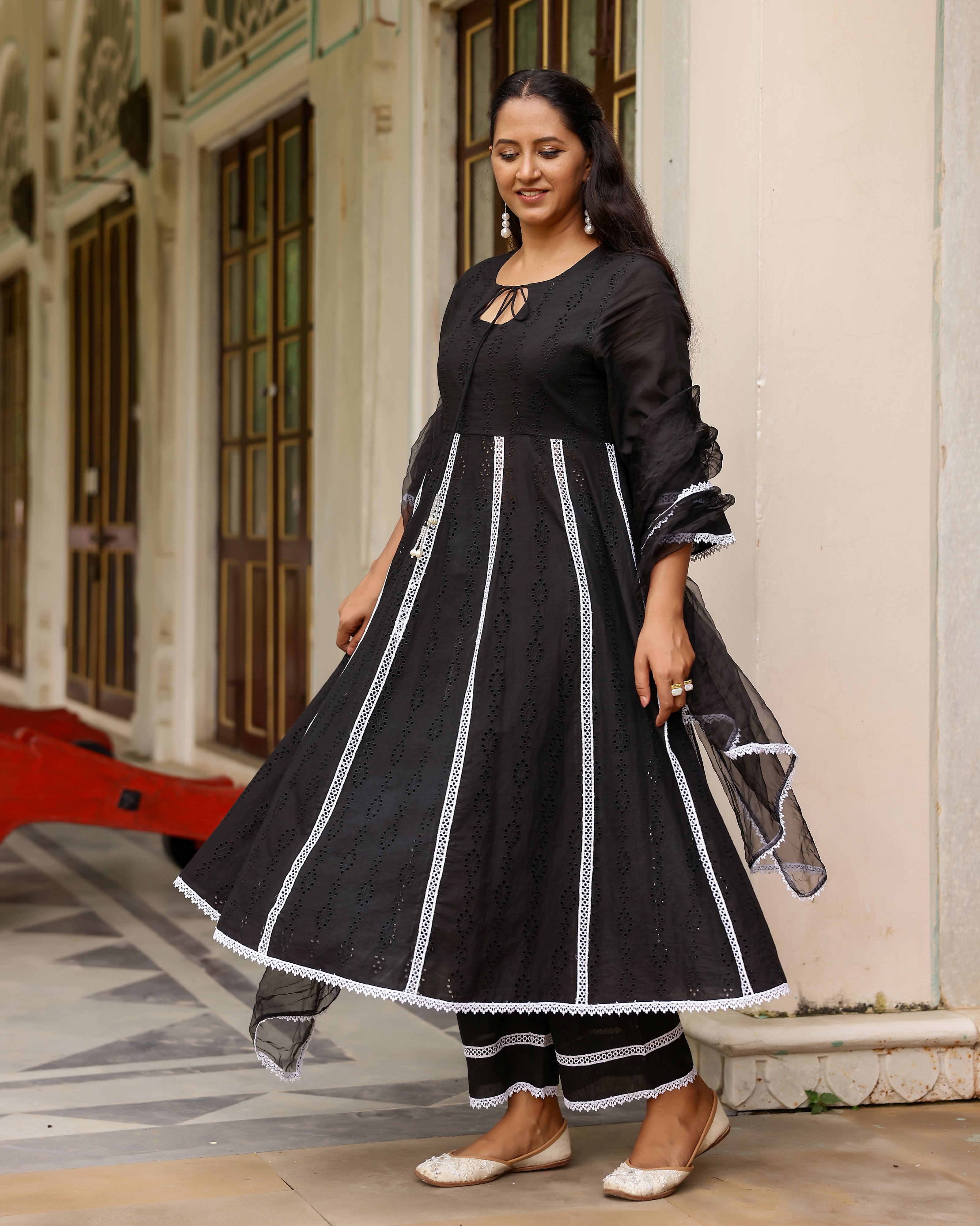 Black Cotton Schiffli Anarkali Suit Set with Organza Dupatta