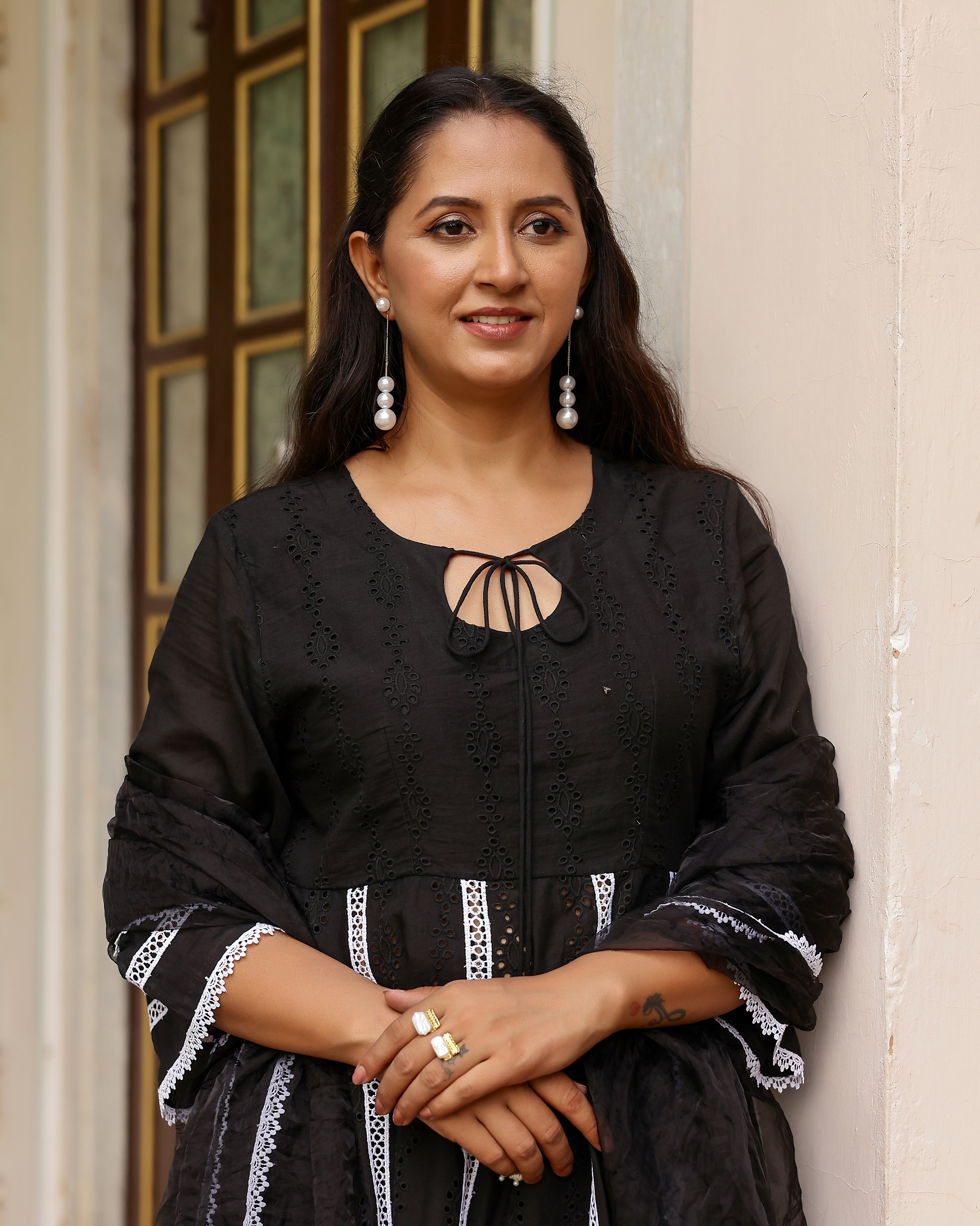 Black Cotton Schiffli Anarkali Suit Set with Organza Dupatta