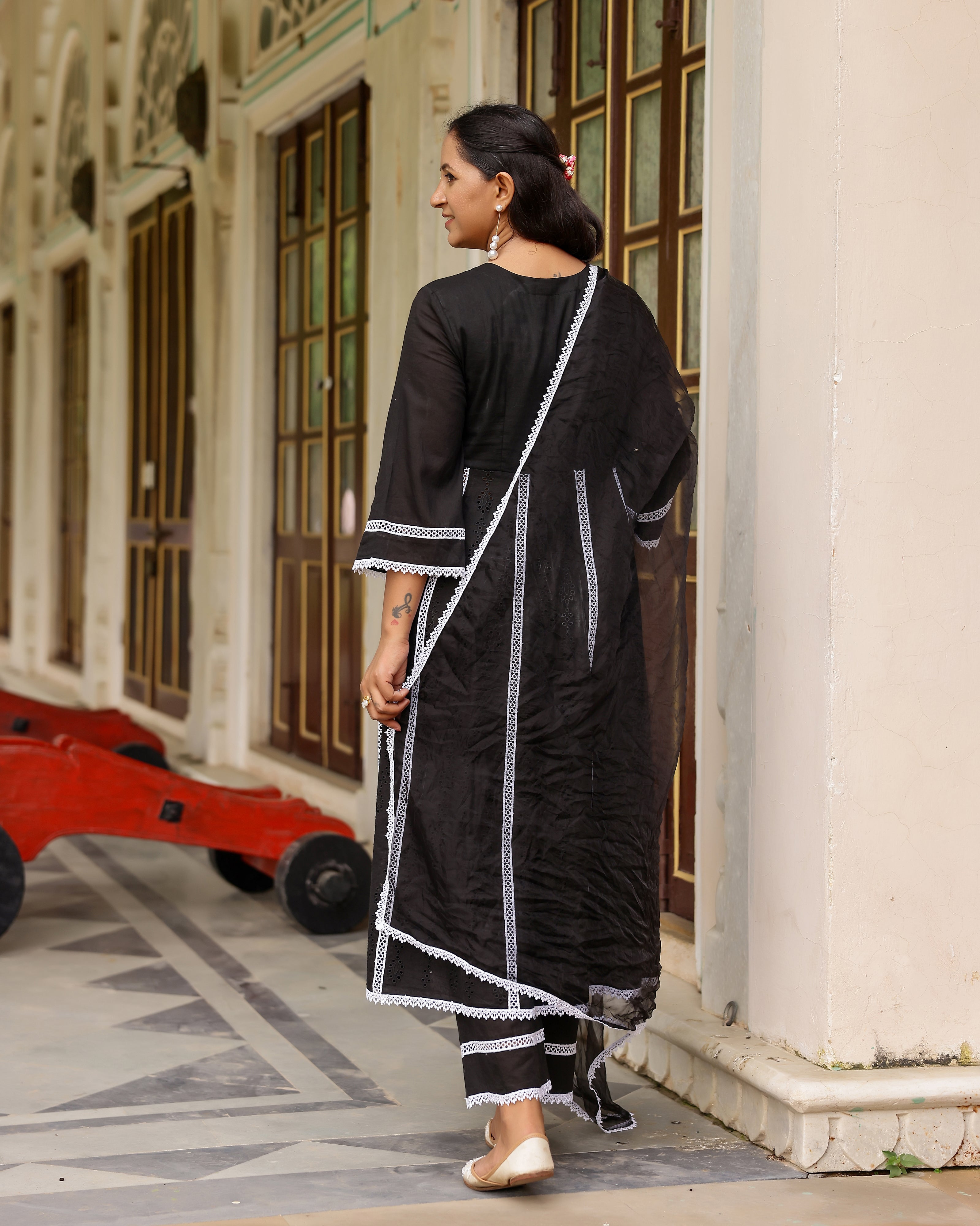 Black Cotton Schiffli Anarkali Suit Set with Organza Dupatta