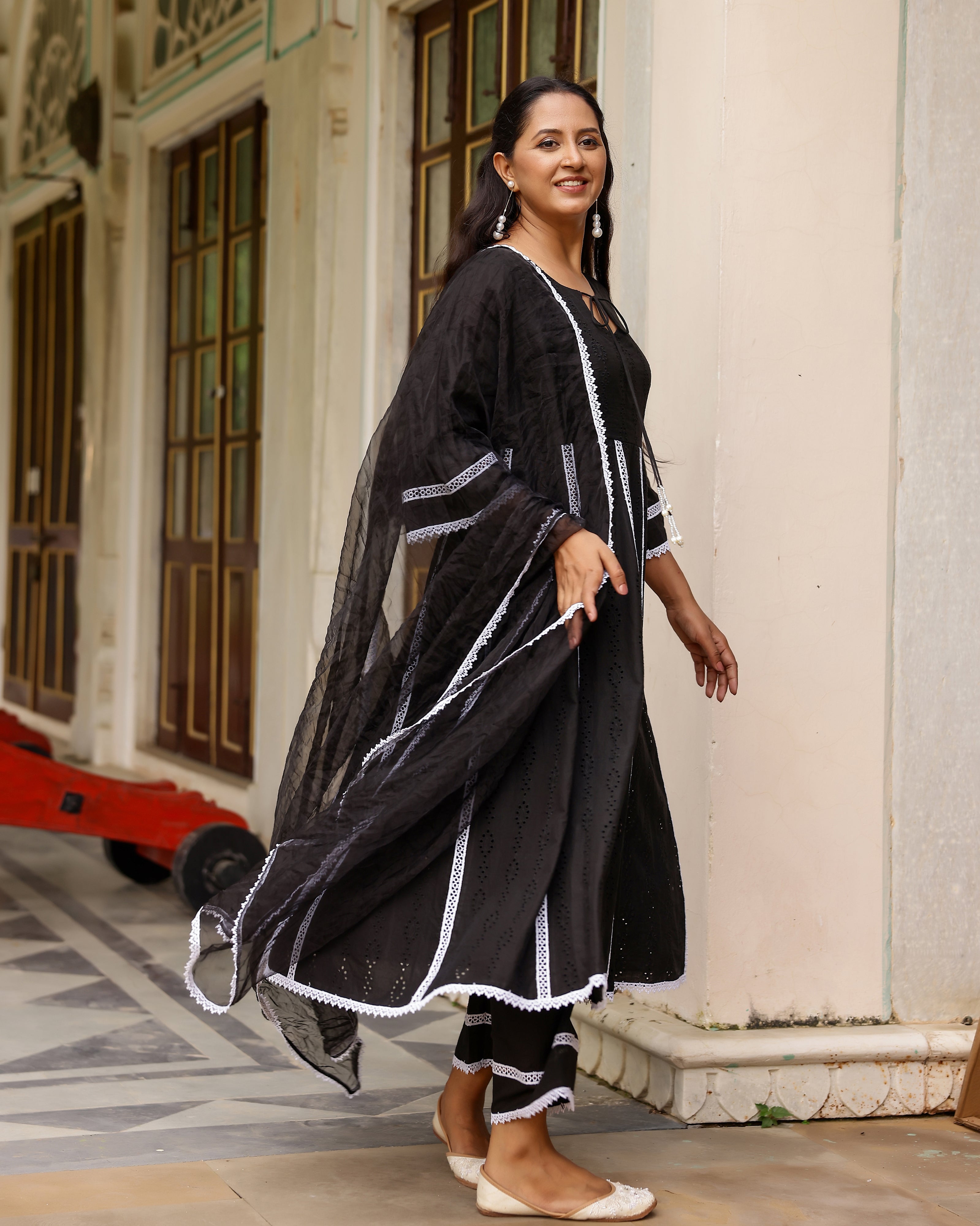 Black Cotton Schiffli Anarkali Suit Set with Organza Dupatta