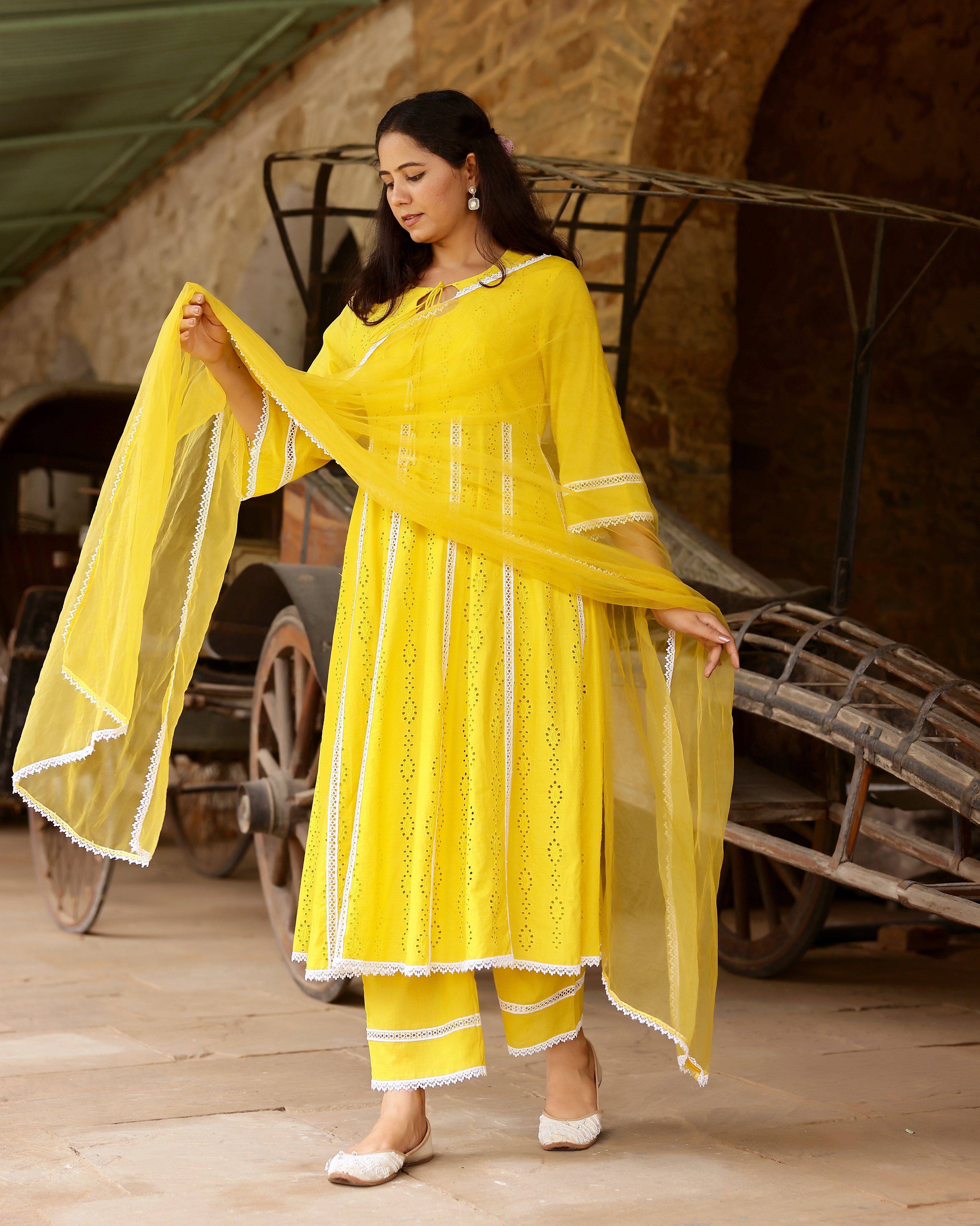 Yellow Cotton Schiffli Anarkali Suit Set with Organza Dupatta