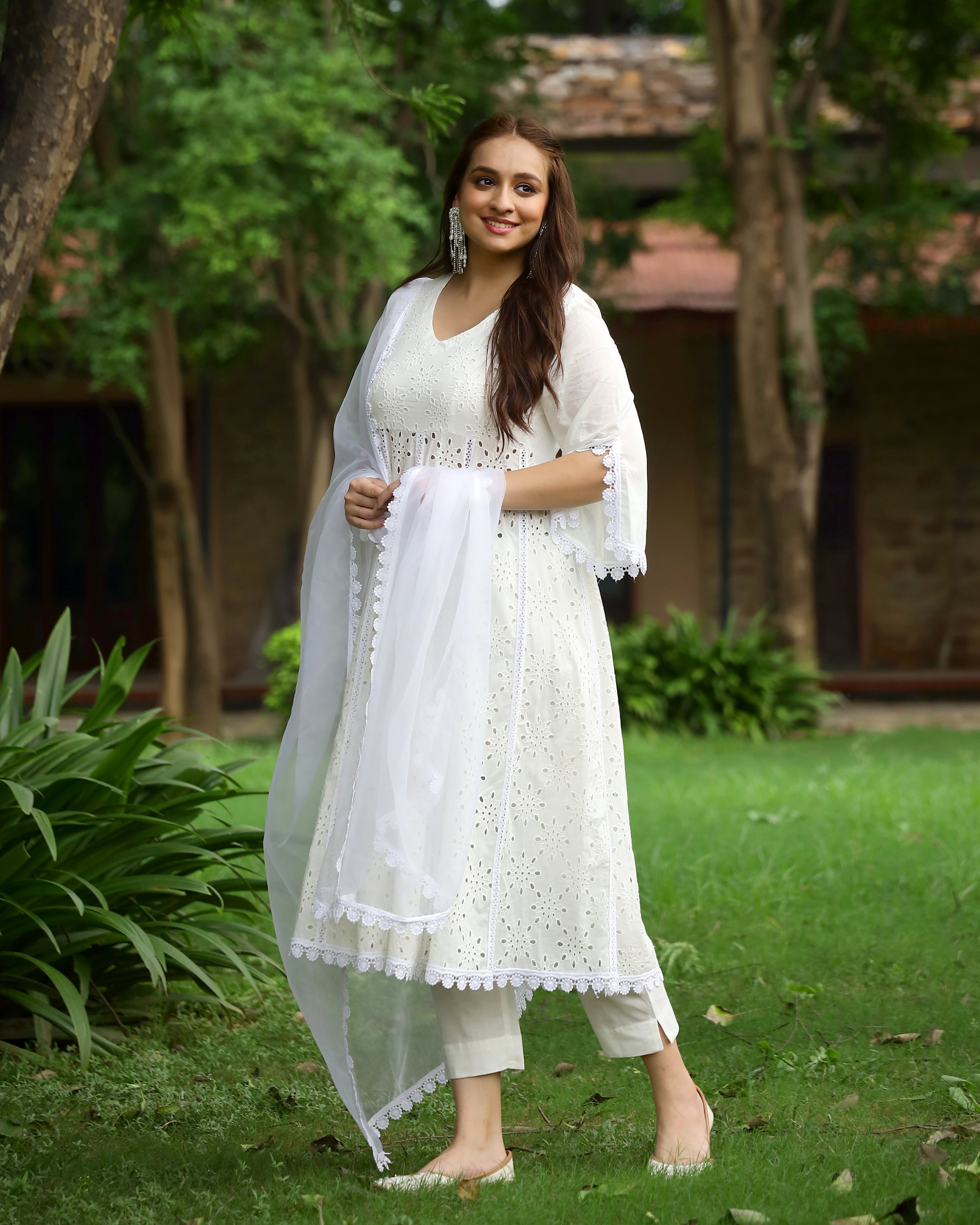 White Cotton Schiffli Anarkali Suit Set with Organza Dupatta