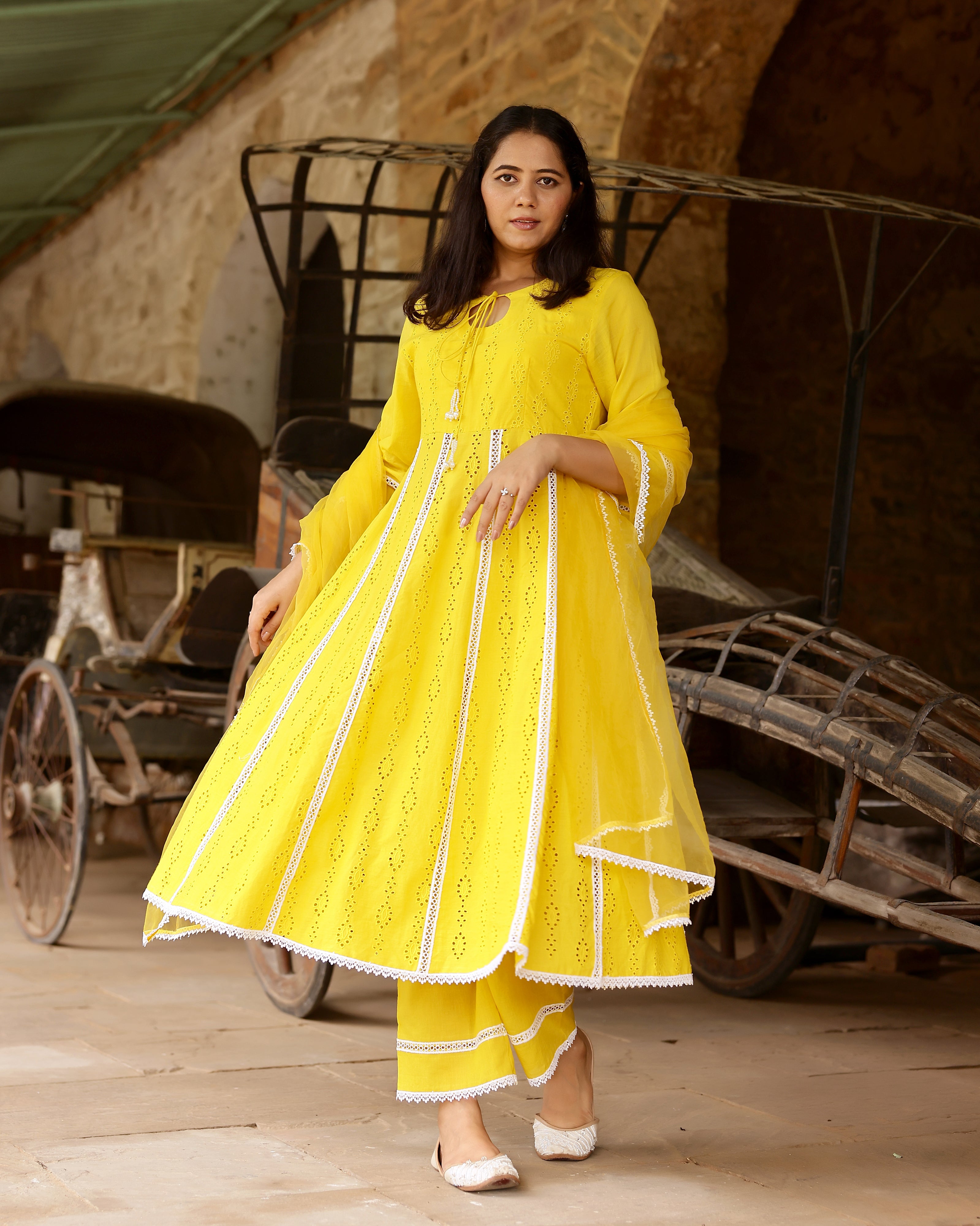 Yellow Cotton Schiffli Anarkali Suit Set with Organza Dupatta