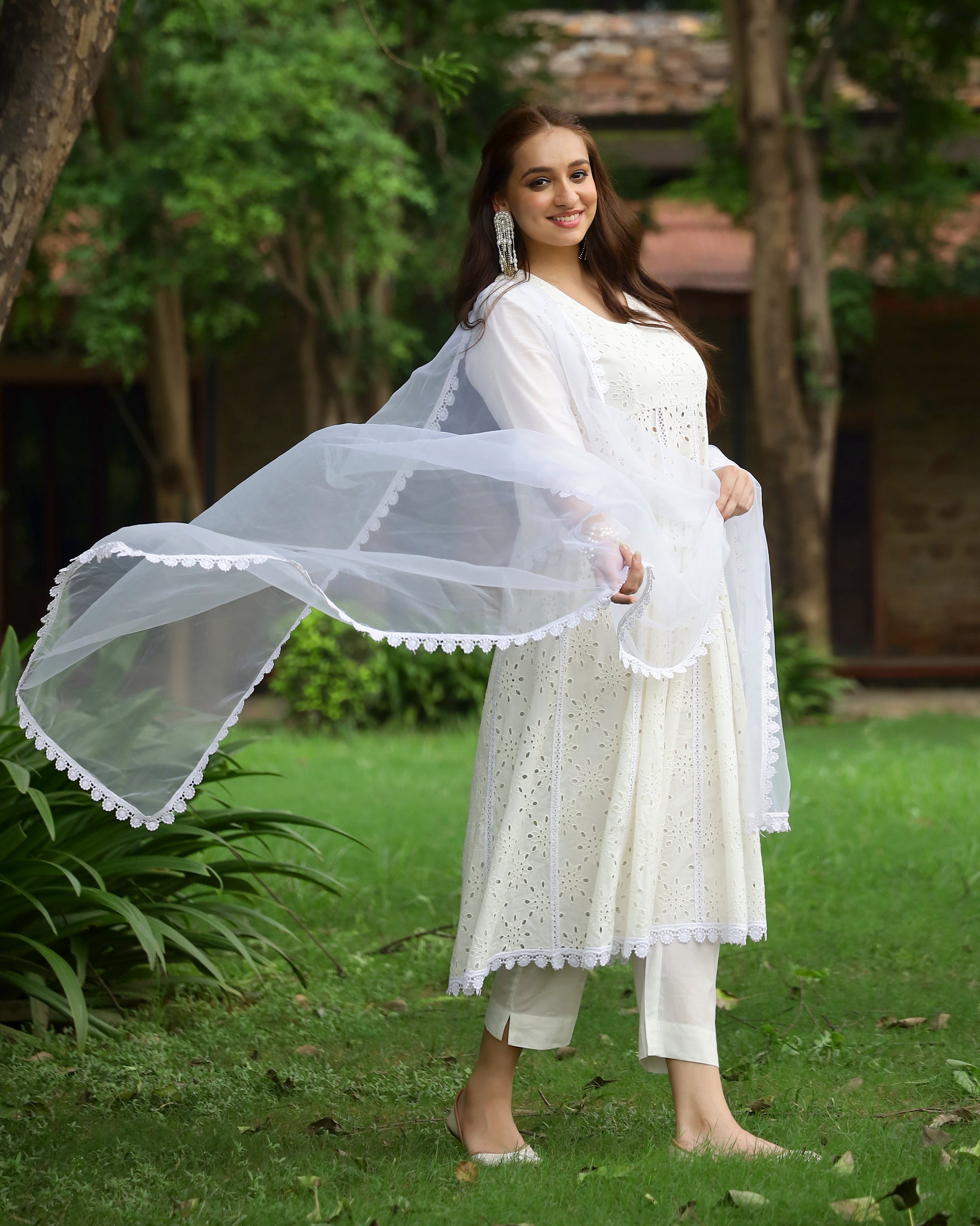 White Cotton Schiffli Anarkali Suit Set with Organza Dupatta