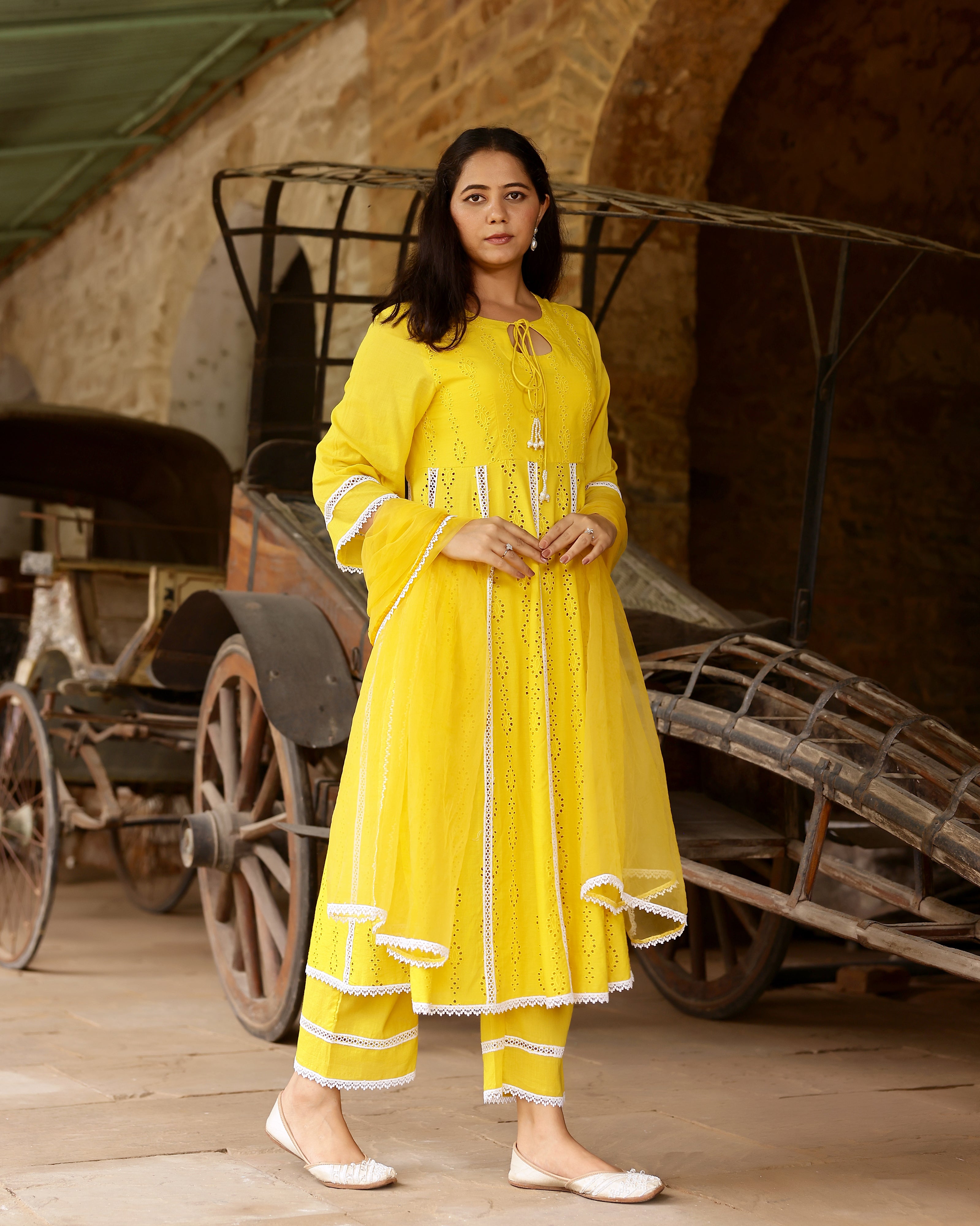 Yellow Cotton Schiffli Anarkali Suit Set with Organza Dupatta