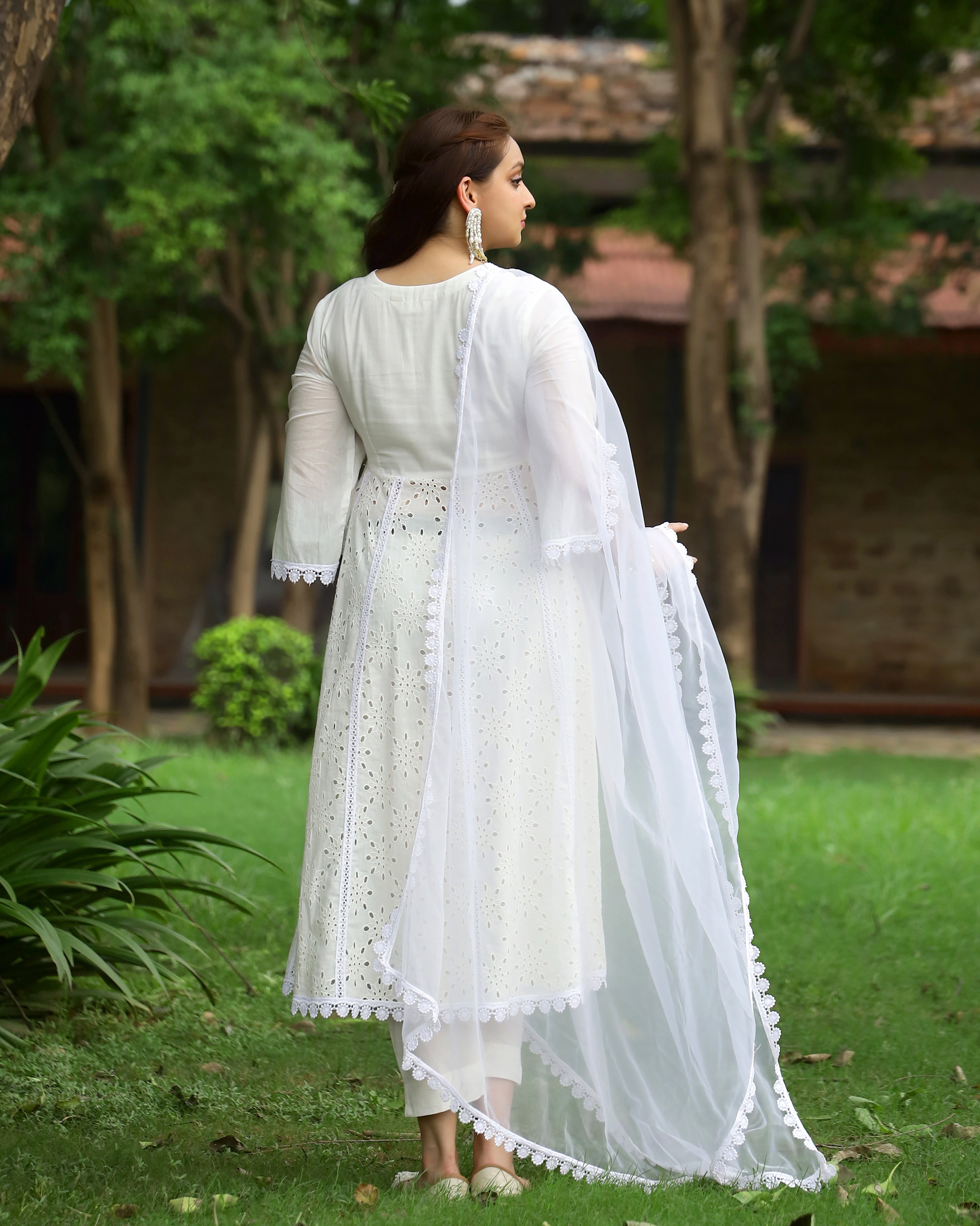 White Cotton Schiffli Anarkali Suit Set with Organza Dupatta