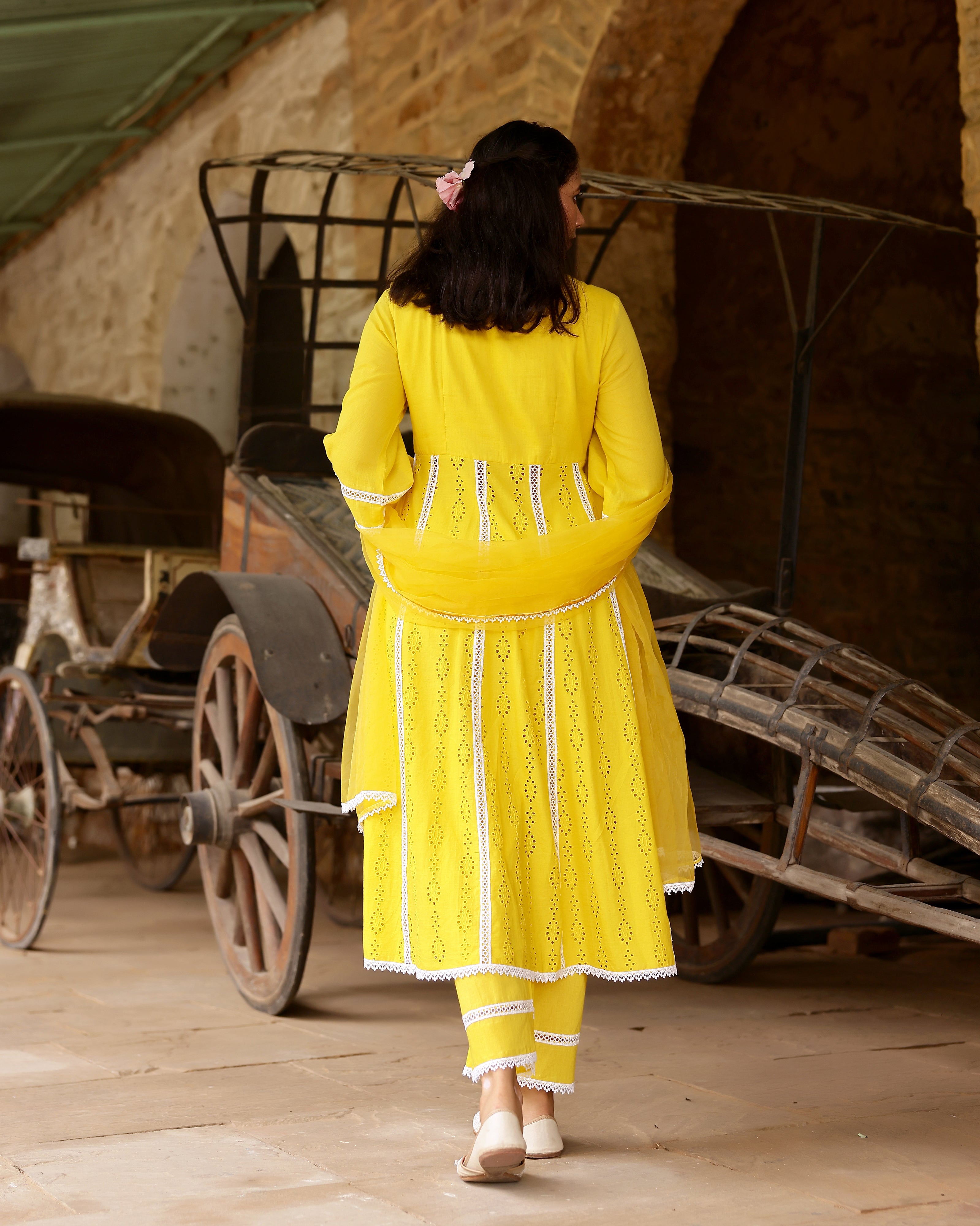 Yellow Cotton Schiffli Anarkali Suit Set with Organza Dupatta