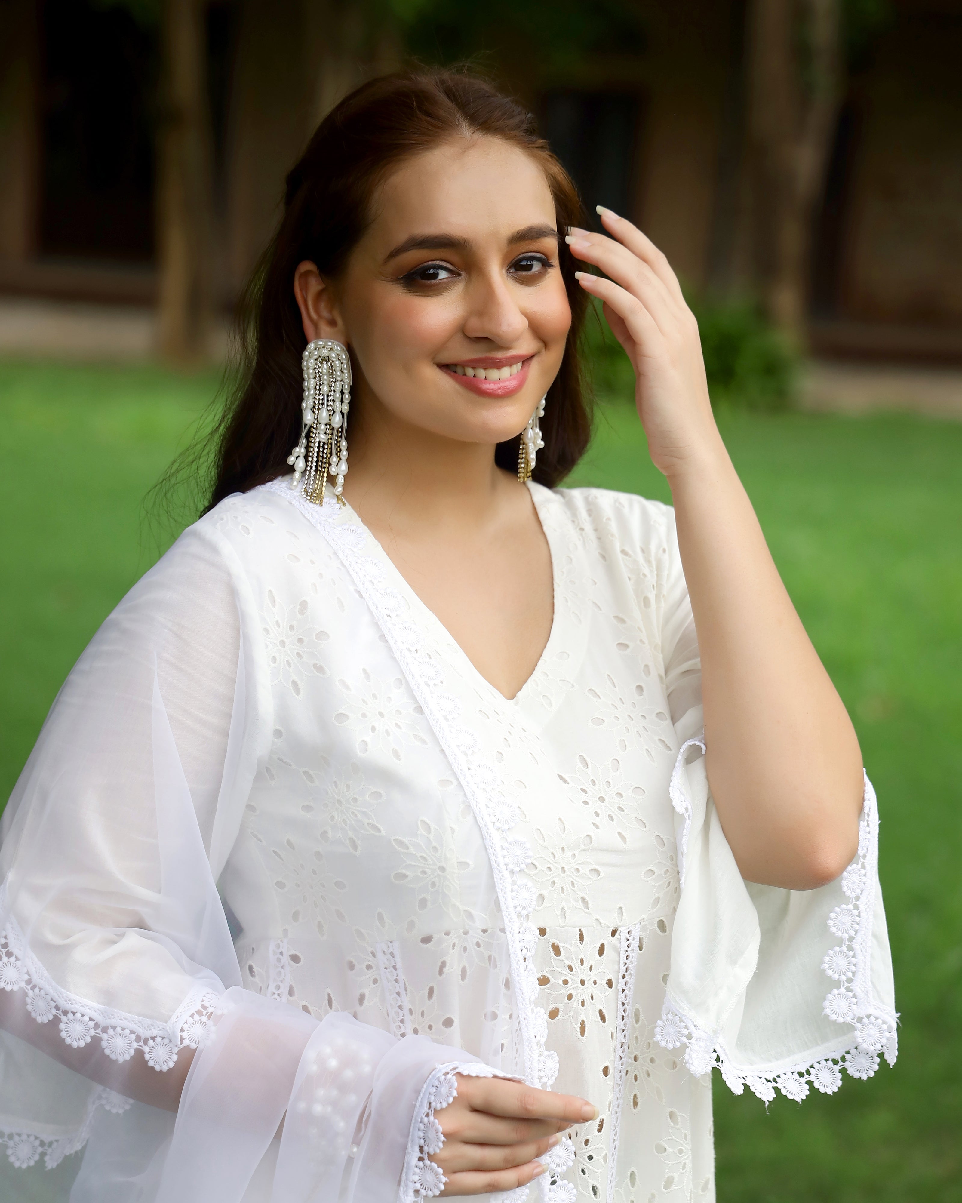 White Cotton Schiffli Anarkali Suit Set with Organza Dupatta
