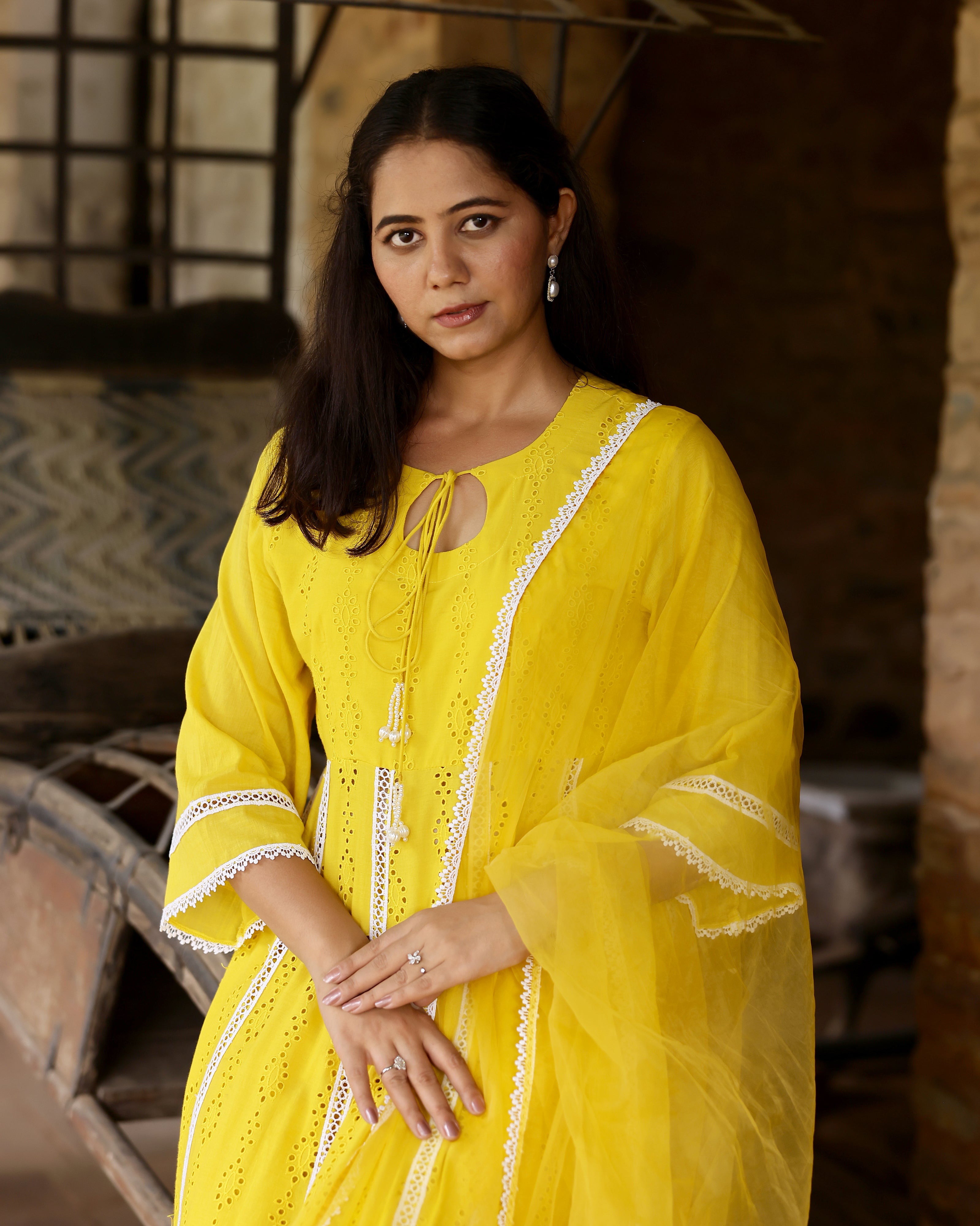 Yellow Cotton Schiffli Anarkali Suit Set with Organza Dupatta