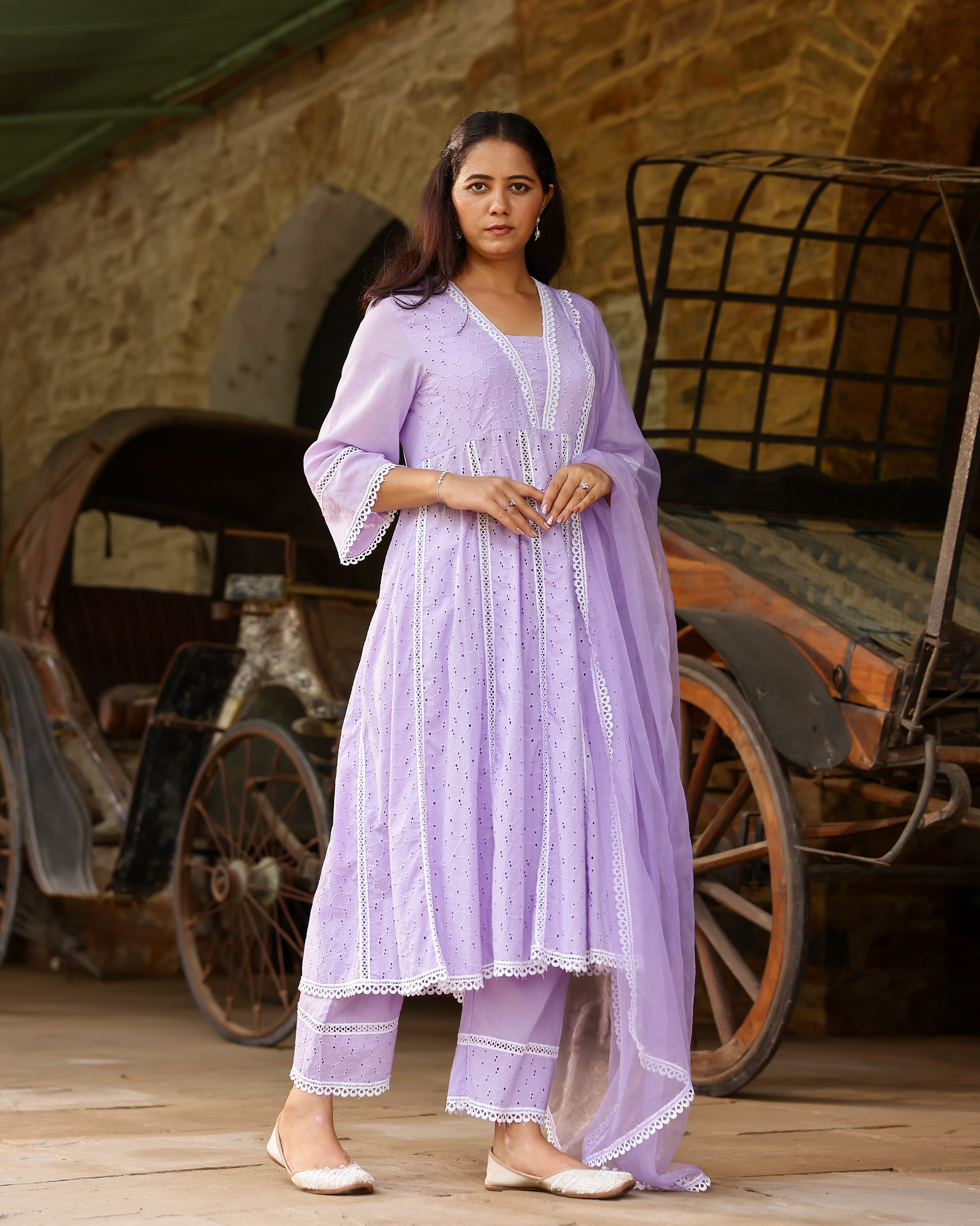Lilac Serenity Cotton Schiffli Anarkali Set